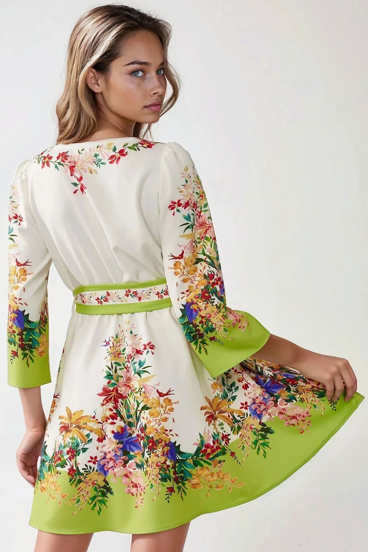 Arched V-Neck Printed Mini Dress