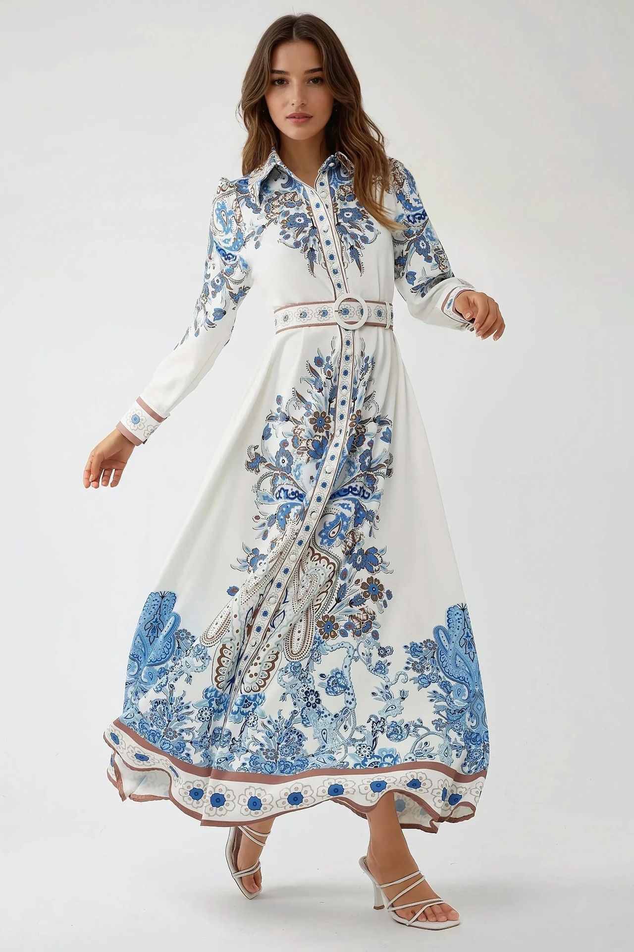 Printed Long Sleeve Maxi Dress with Belt