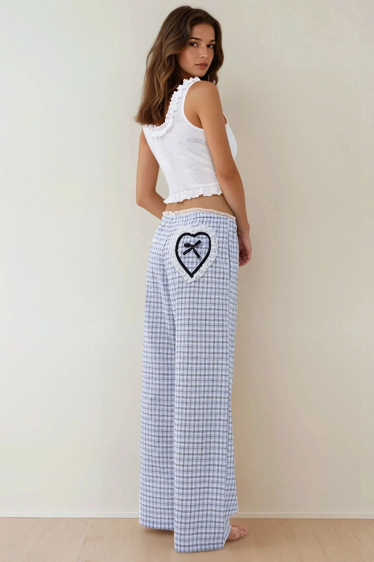 Plaid Long Lounge Bottoms with Back Heart Detail