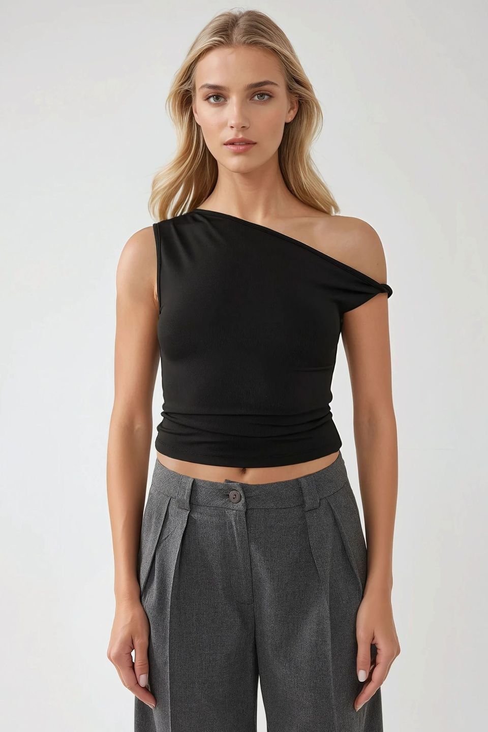 Asymmetrical Neck Off-Shoulder Slim Fit Top