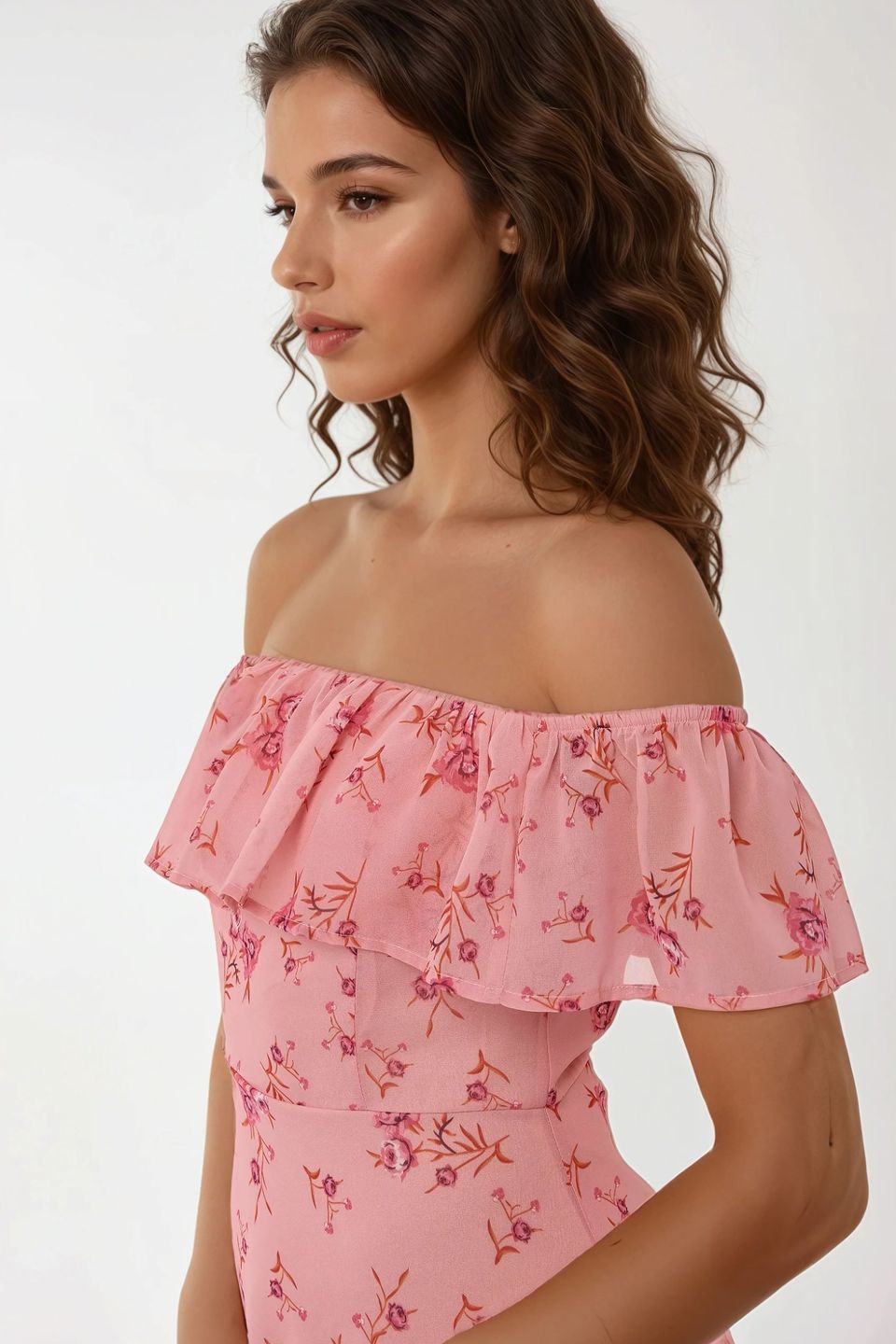 Off Shoulder Flower Pattern Bodycon Midi Dress 