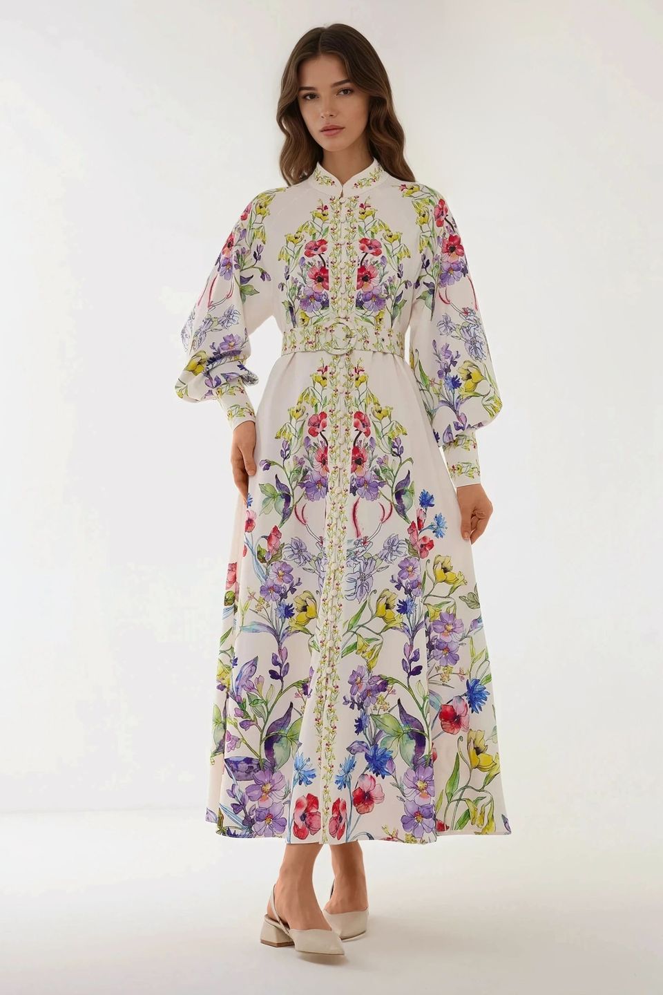 Printed Long Sleeve Maxi Dress with Belt