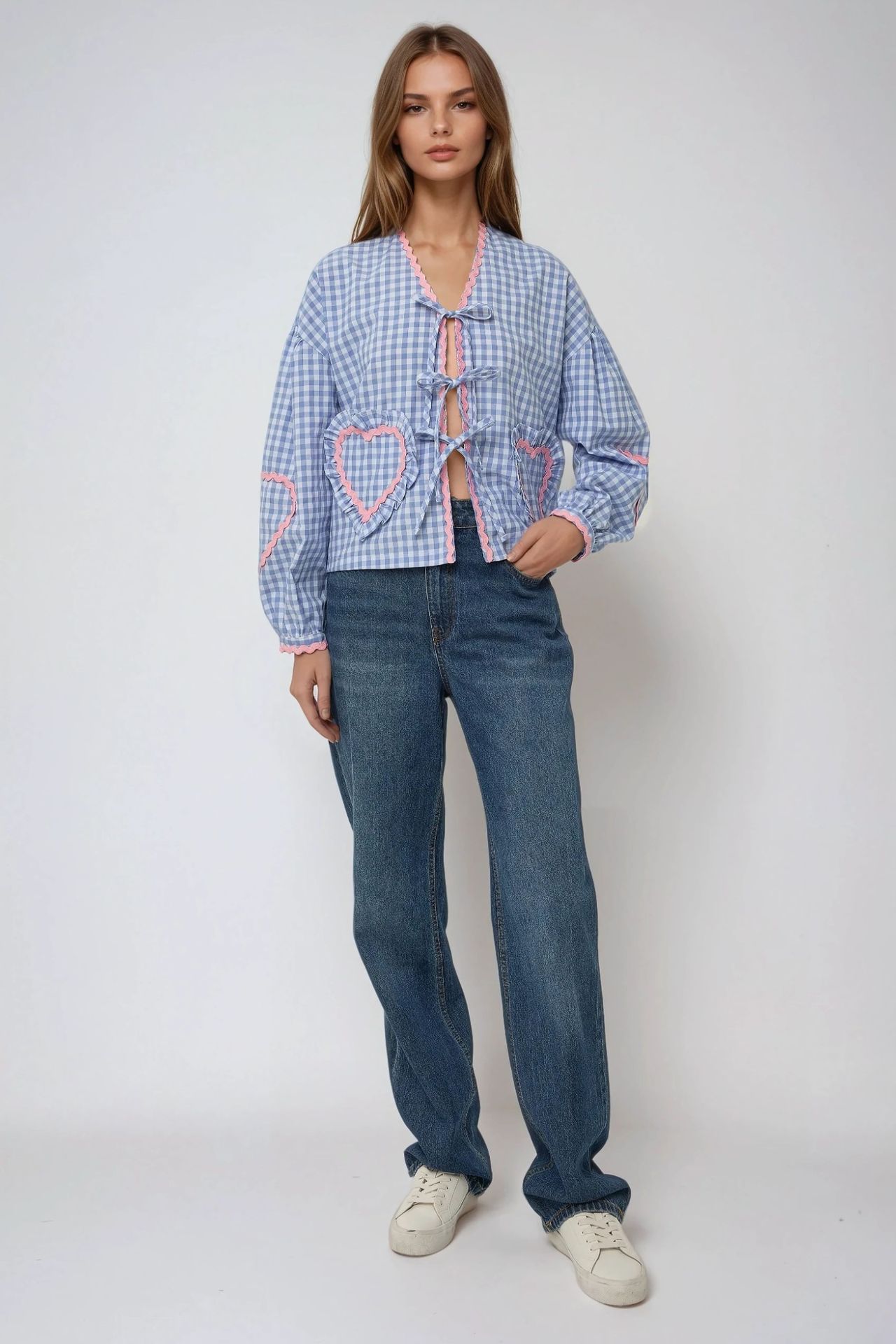 Long Sleeve Plaid Shirt Collar Top with Heart Detail