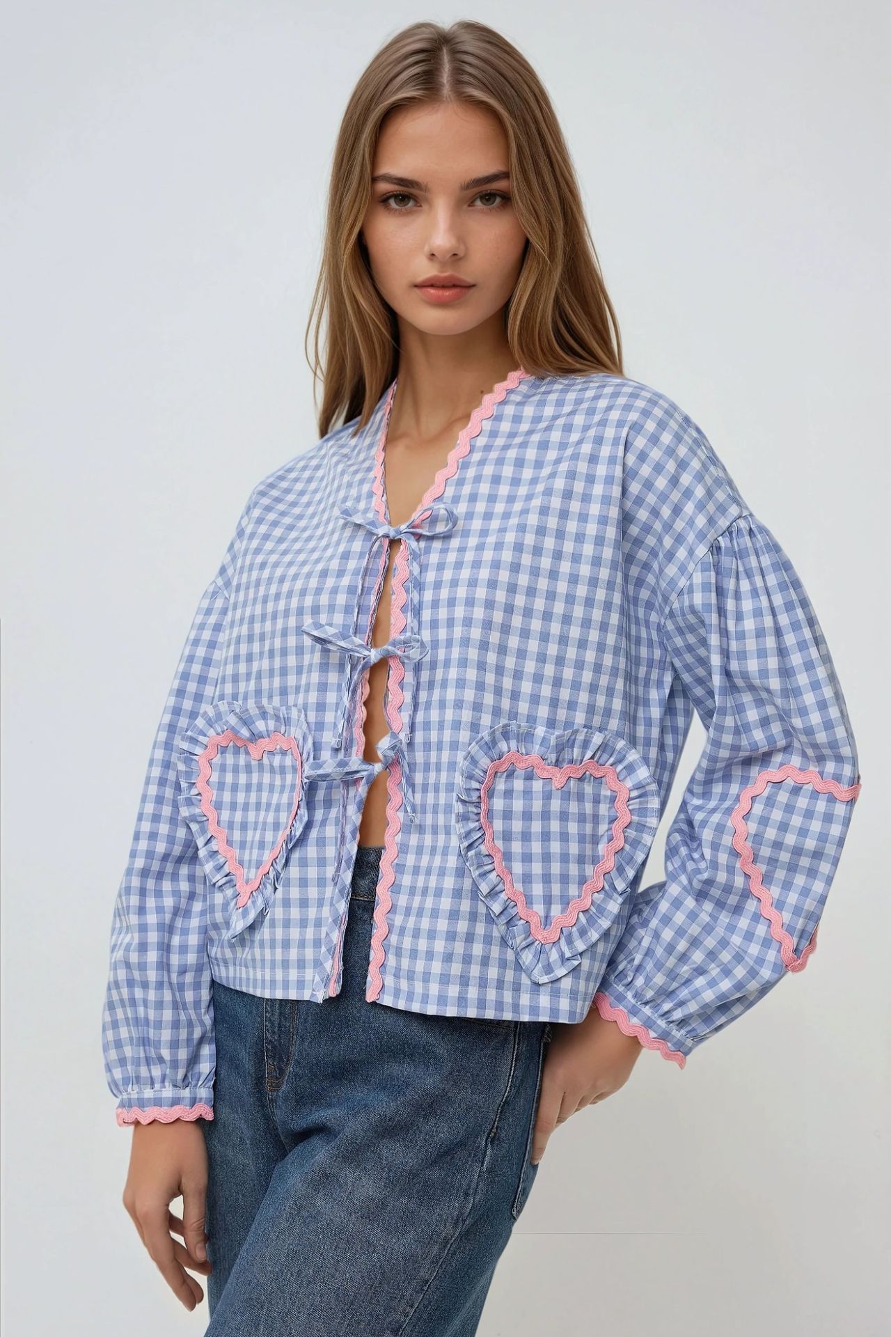 Long Sleeve Plaid Shirt Collar Top with Heart Detail