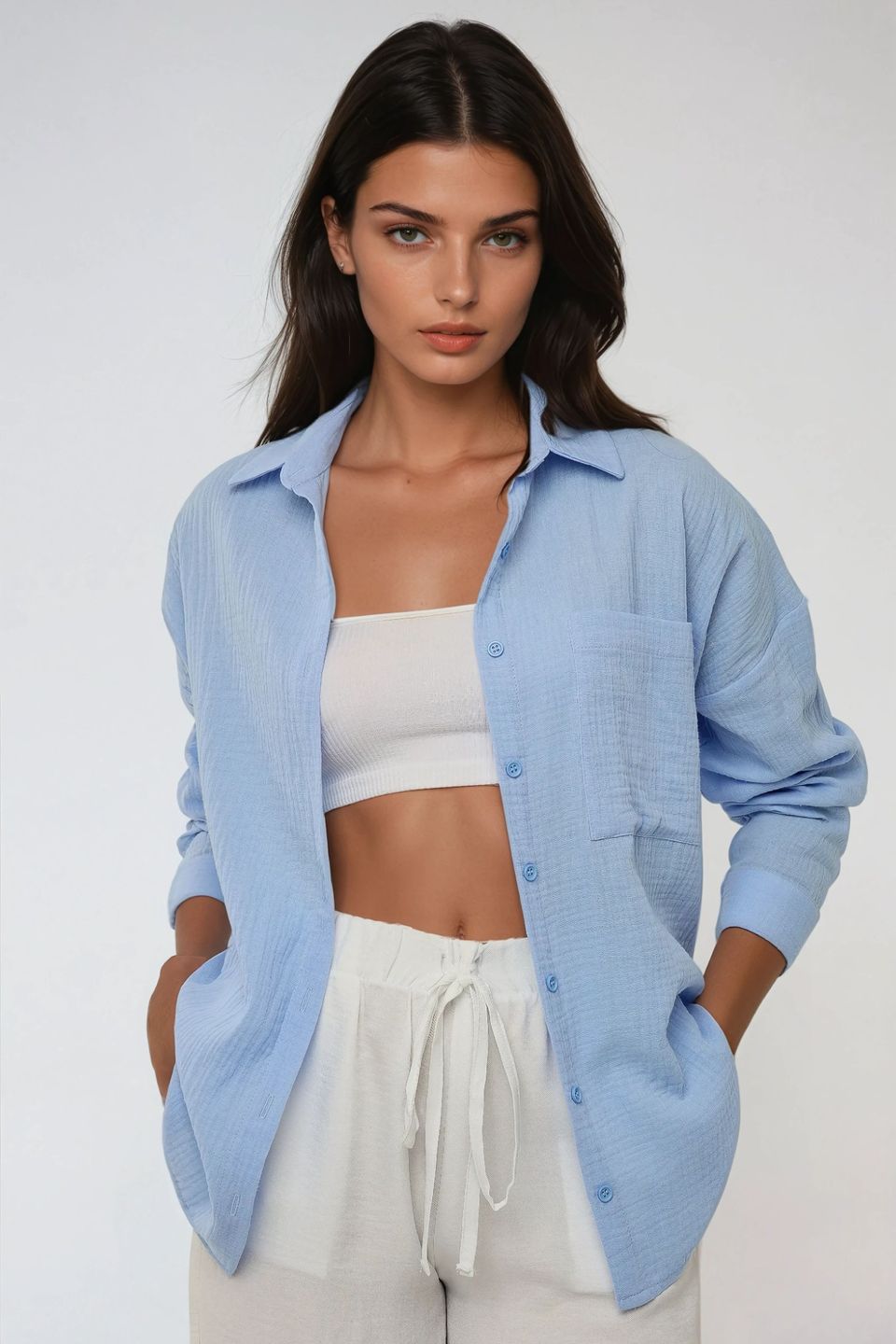 Oversized Cotton Shirt with Pocket Detail