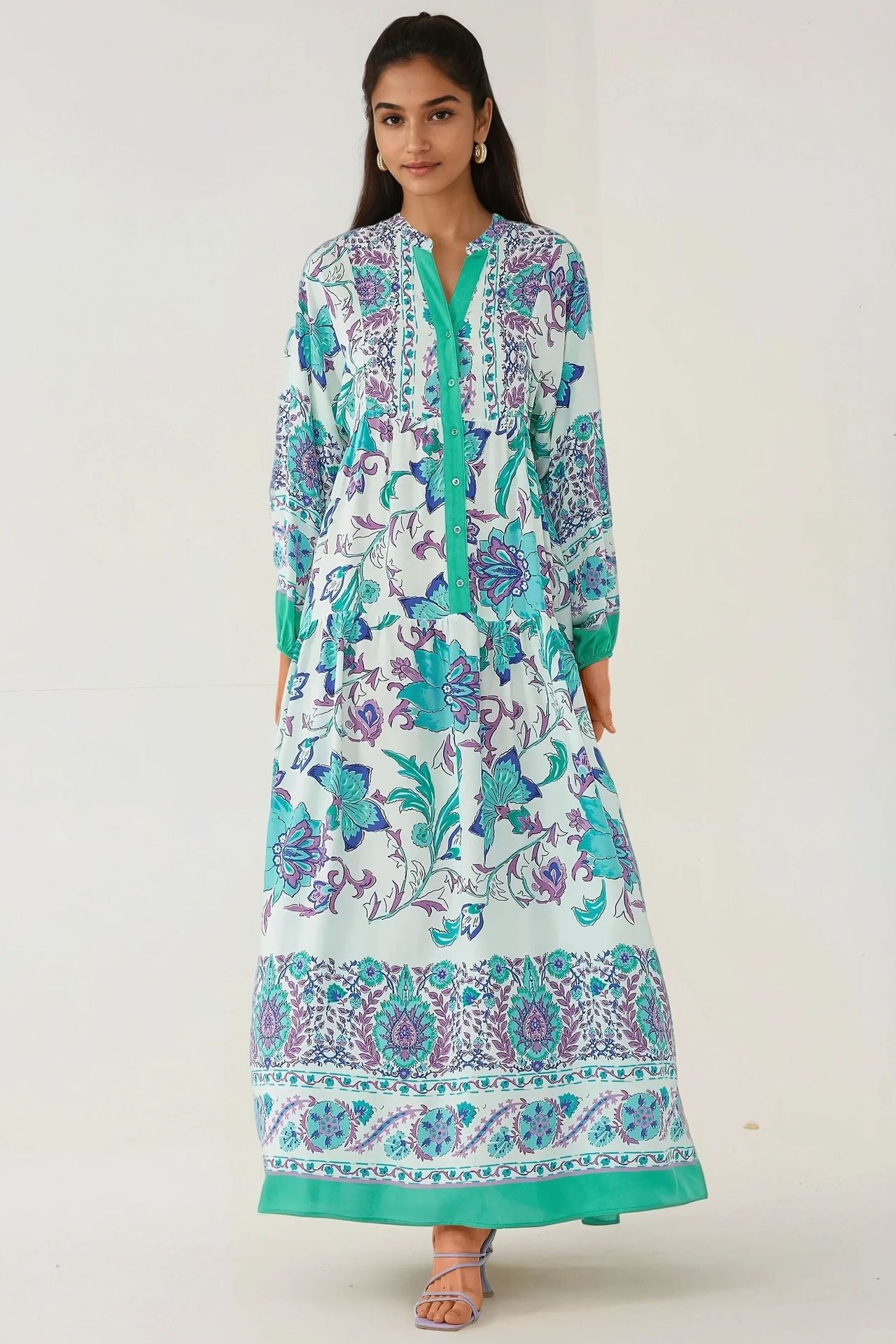 Printed Long Sleeve Viscose Maxi Dress 