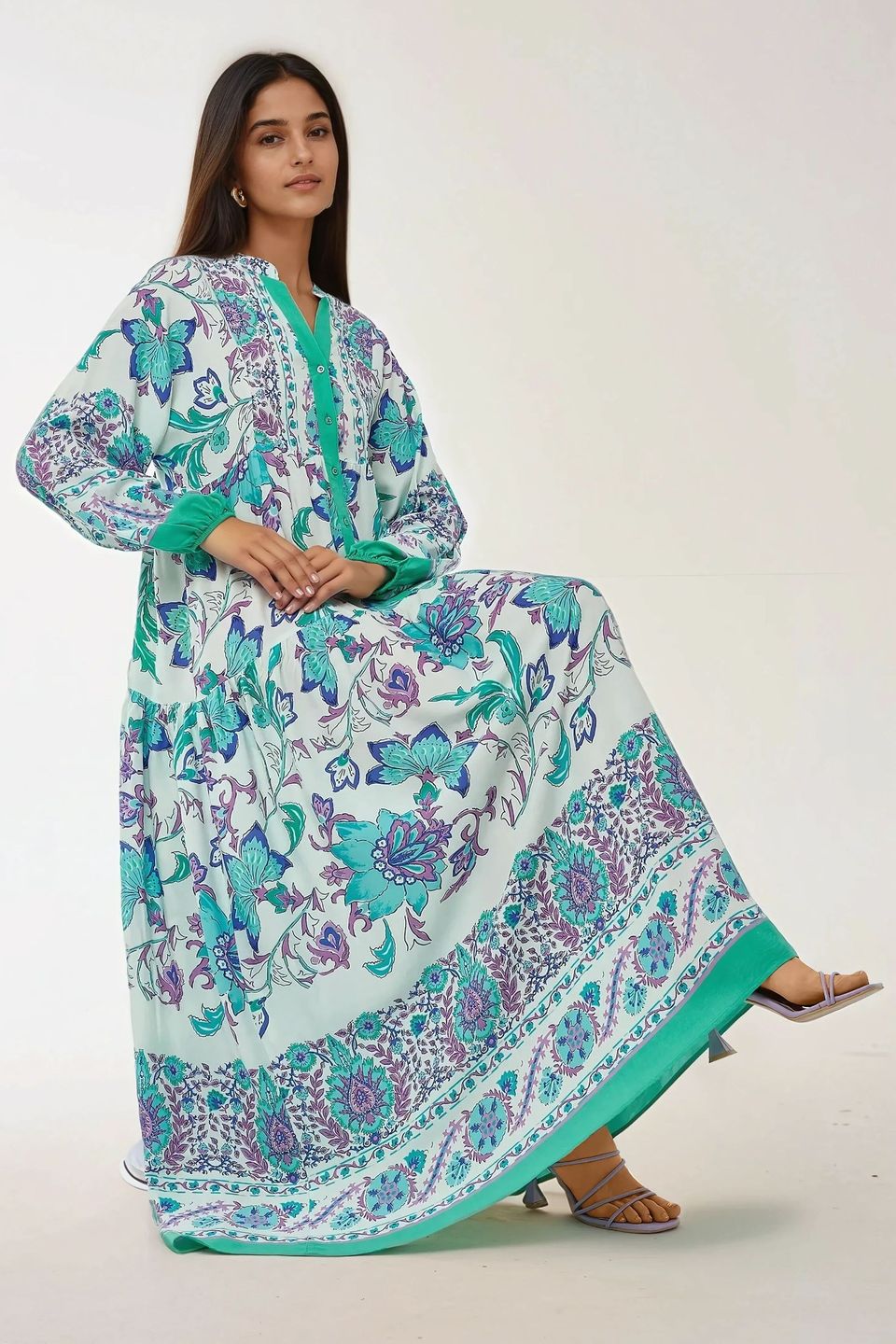 Printed Long Sleeve Viscose Maxi Dress 