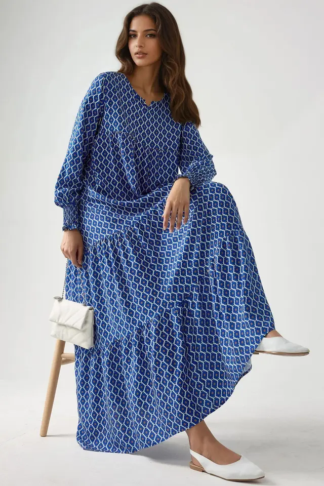Printed Crew Neck Viscose Maxi Dress
