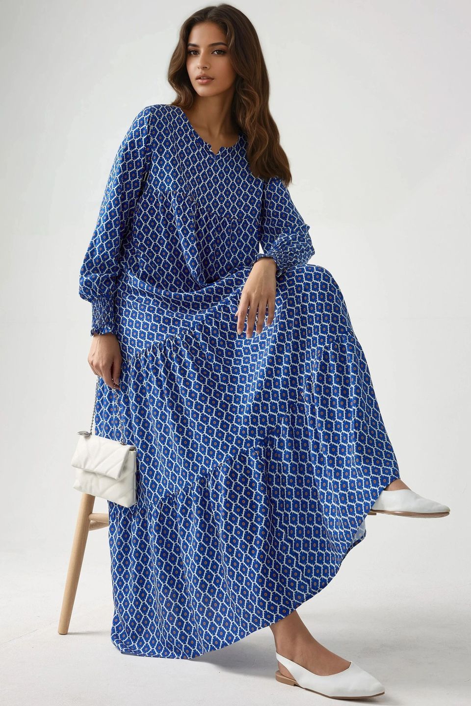 Printed Crew Neck Viscose Maxi Dress