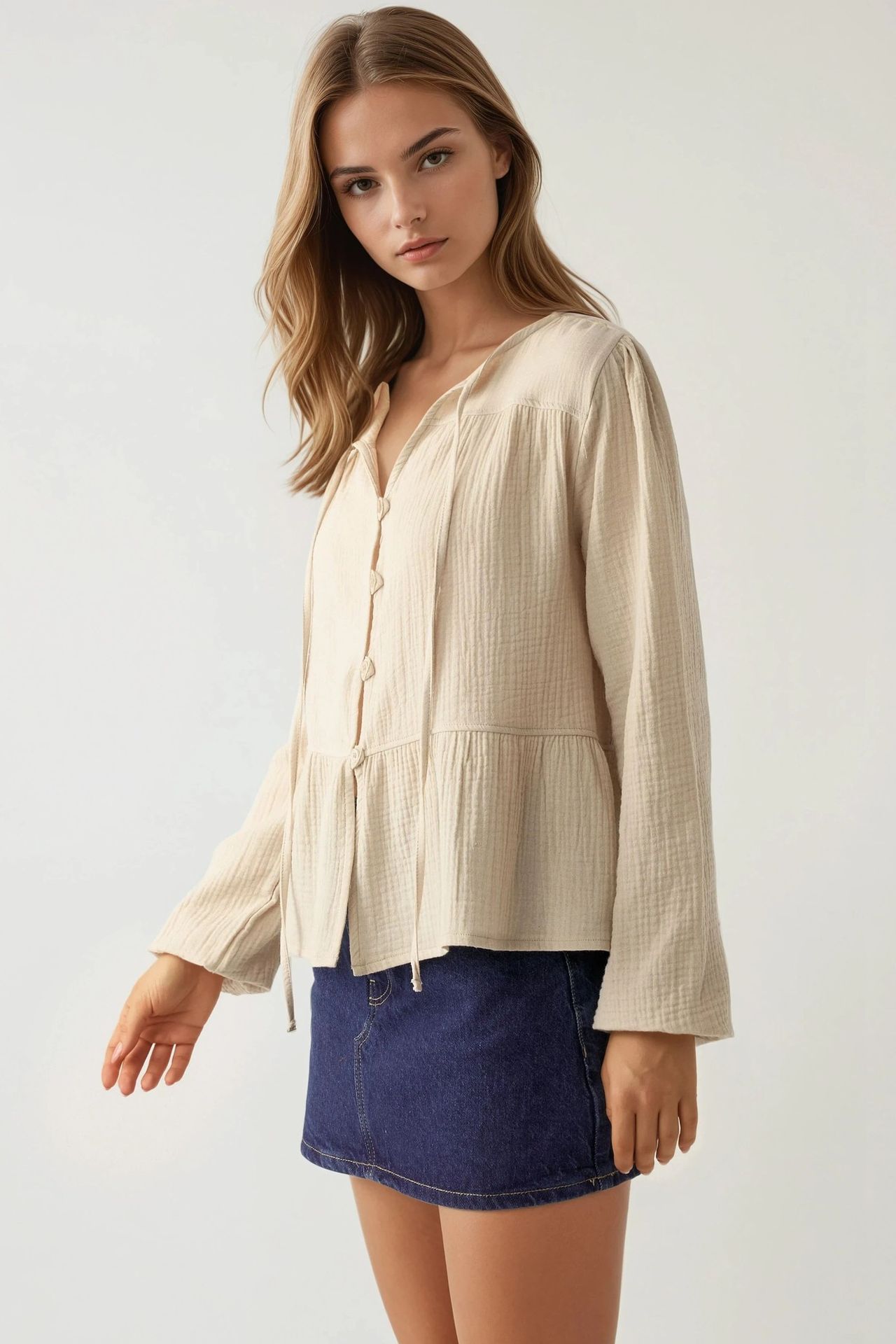 Crew Neck Long Sleeve Woven Muslin Blouse
