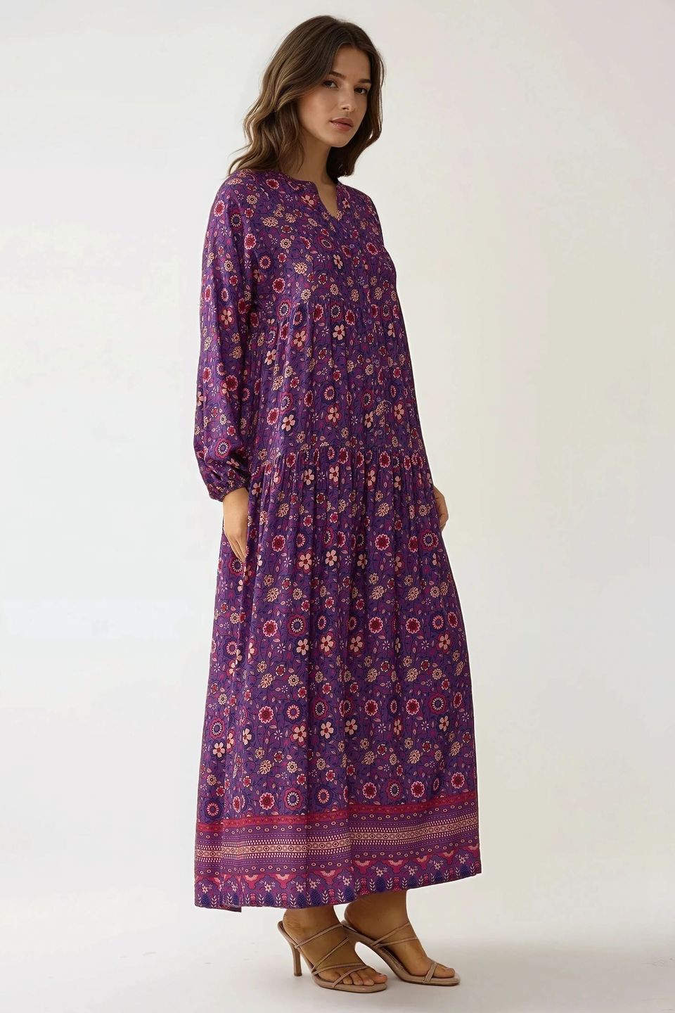 Printed V-Neck Maxi Dress with Buttons