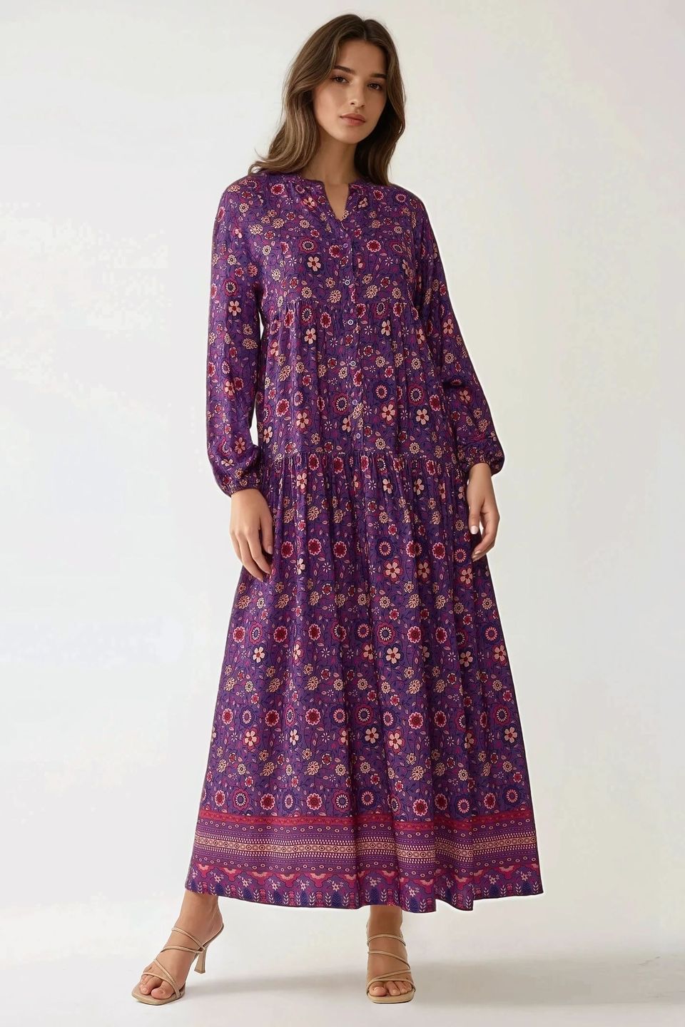 Printed V-Neck Maxi Dress with Buttons
