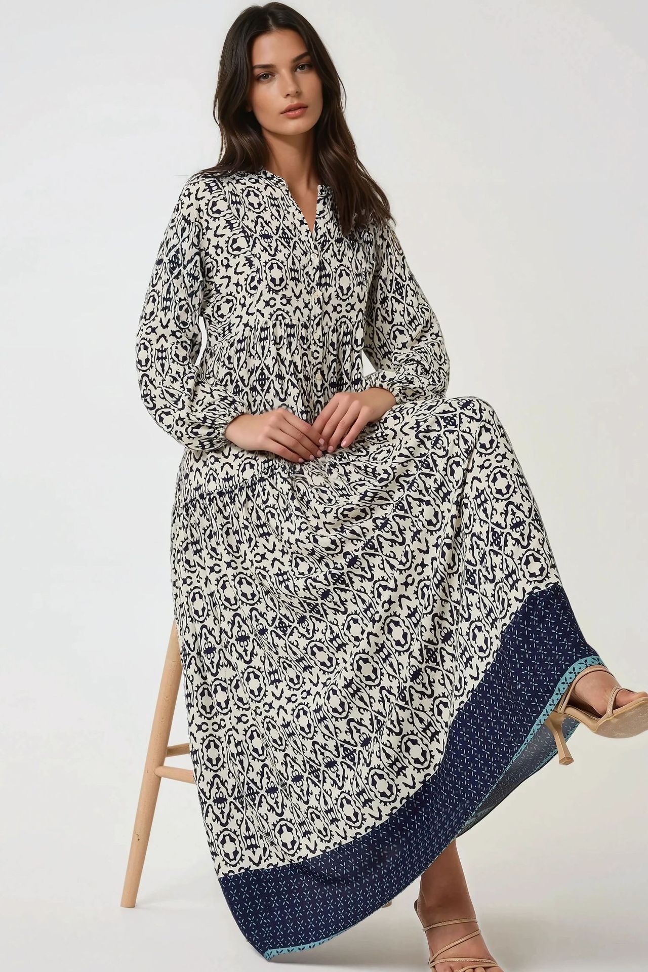 Printed Maxi Dress with Shirt Collar