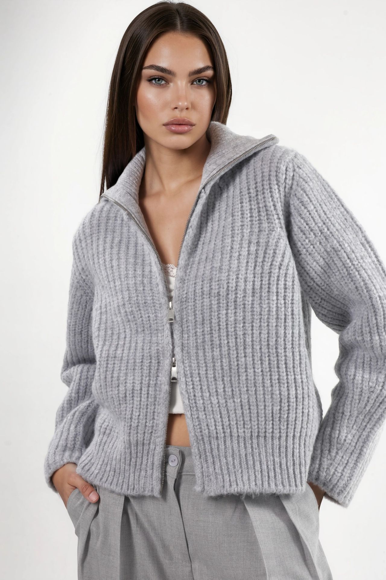 Thick Textured Turtleneck Zip-Up Cardigan 2