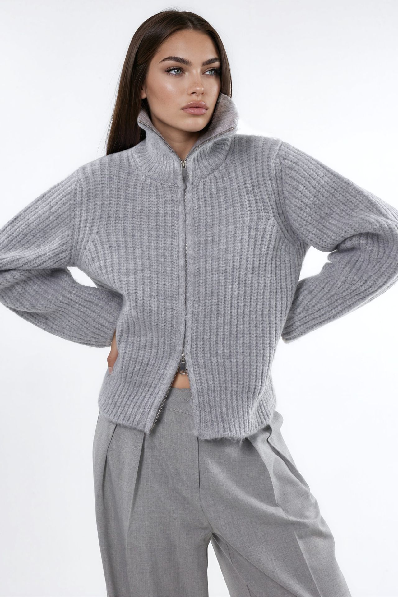 Thick Textured Turtleneck Zip-Up Cardigan 6