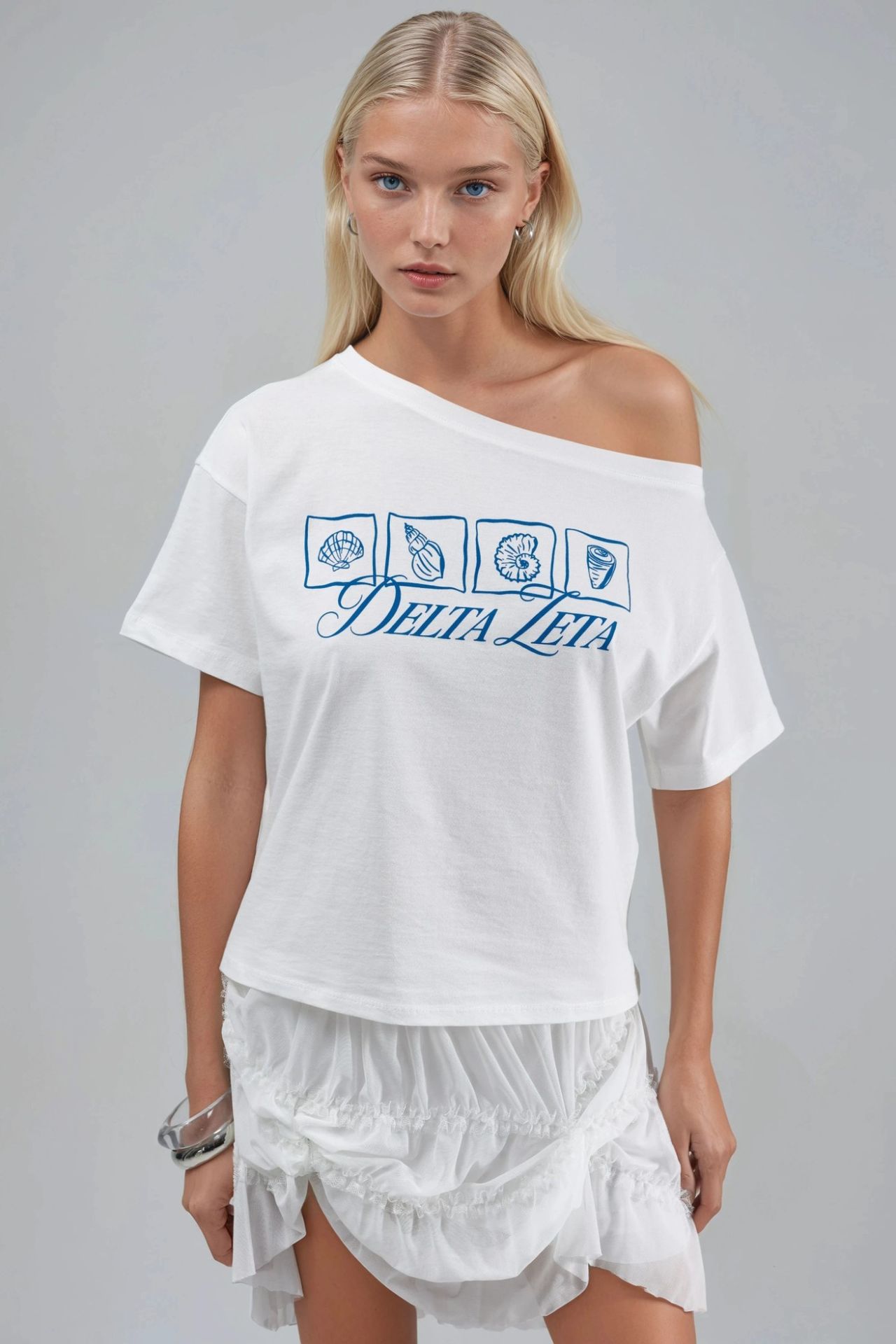 Printed Boat Neck One-Shoulder T-Shirt 1