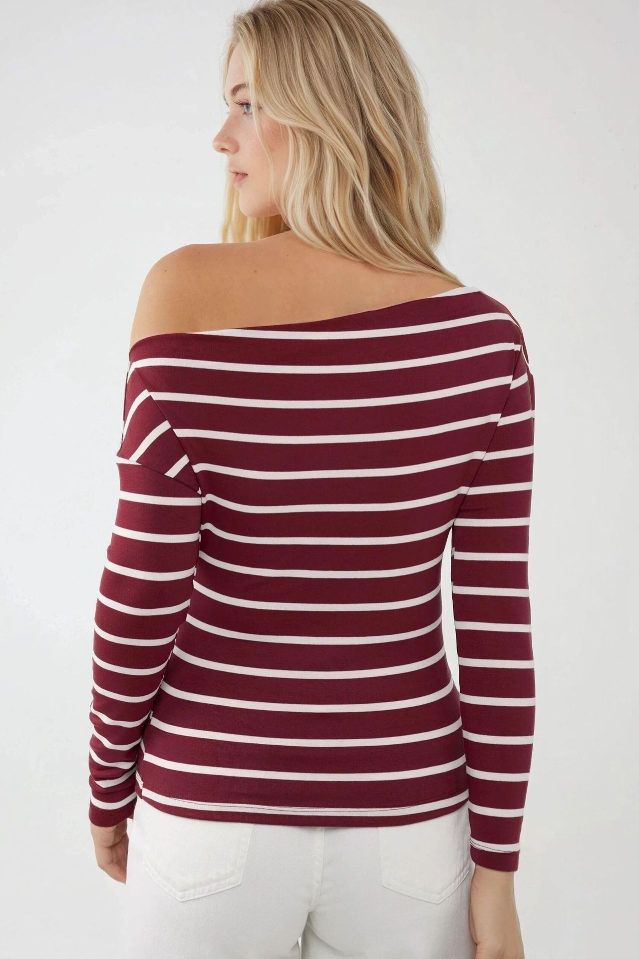 Off-Shoulder Striped Ribbed Long-Sleeve Top 4