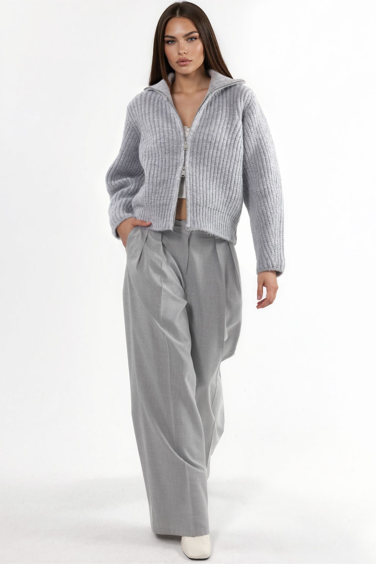 Thick Textured Turtleneck Zip-Up Cardigan 5