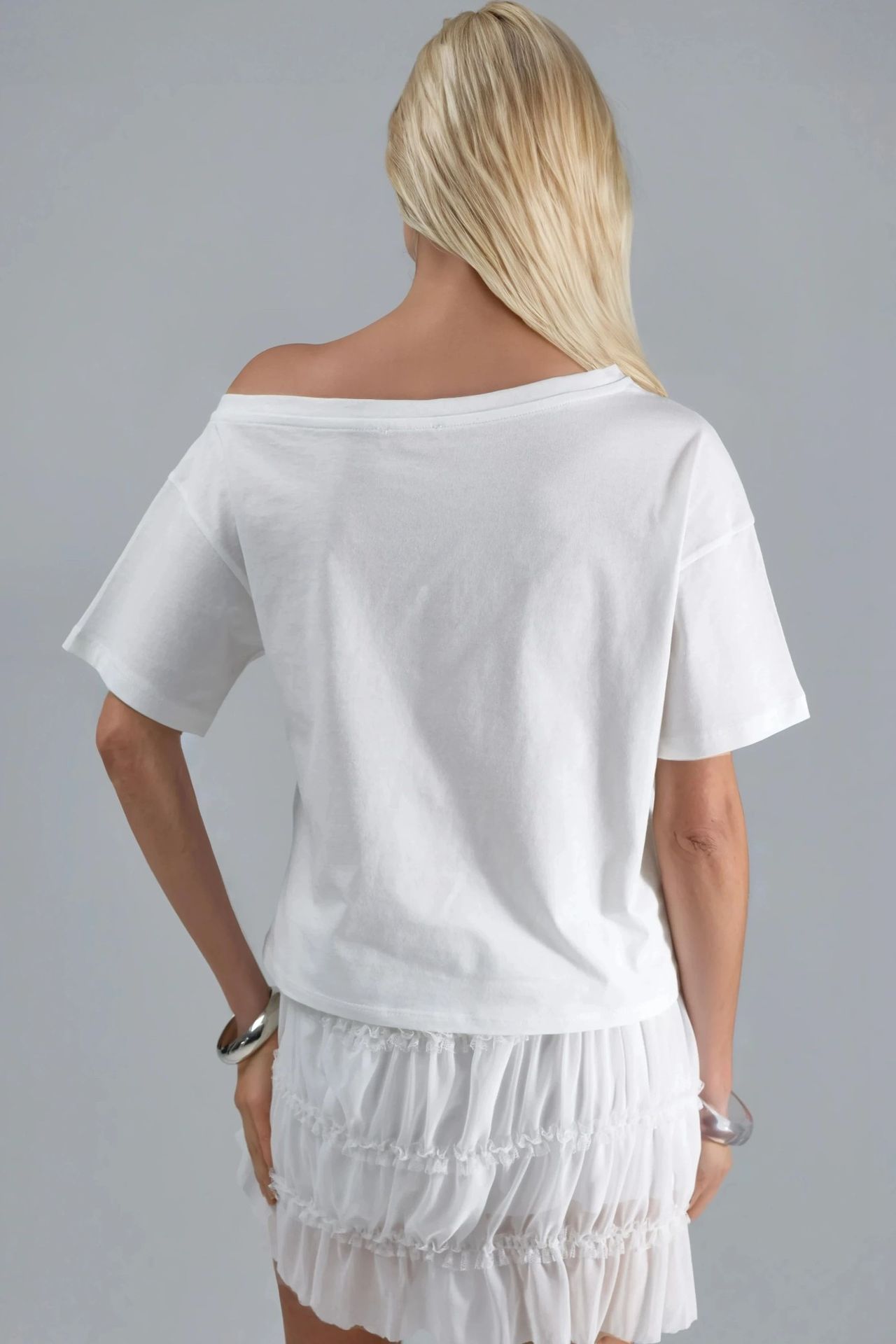 Printed Boat Neck One-Shoulder T-Shirt 3