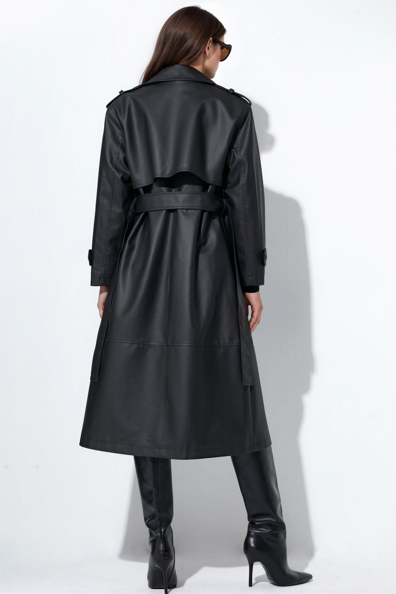 Belted Long Faux Leather Trench Coat 3