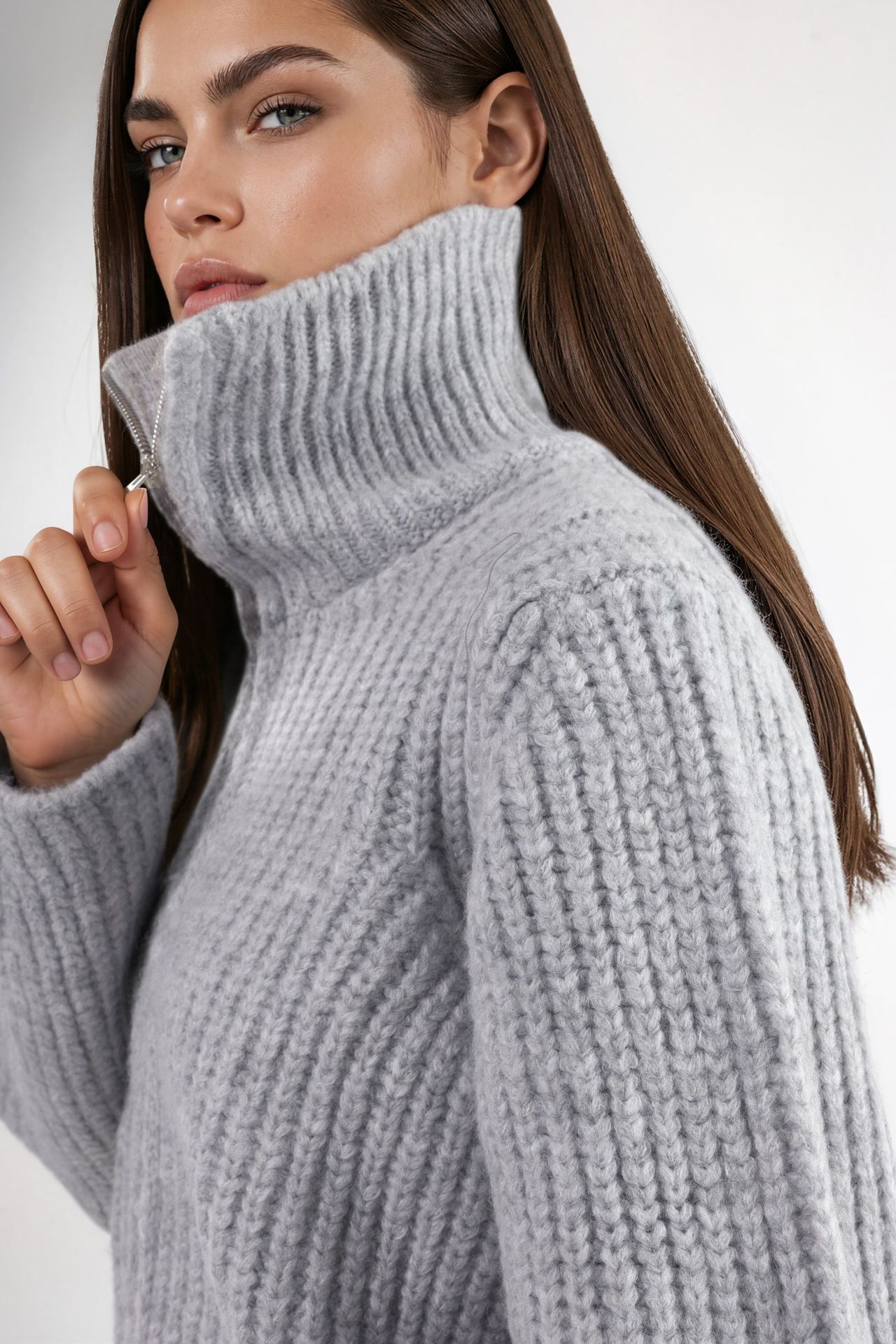 Thick Textured Turtleneck Zip-Up Cardigan 4