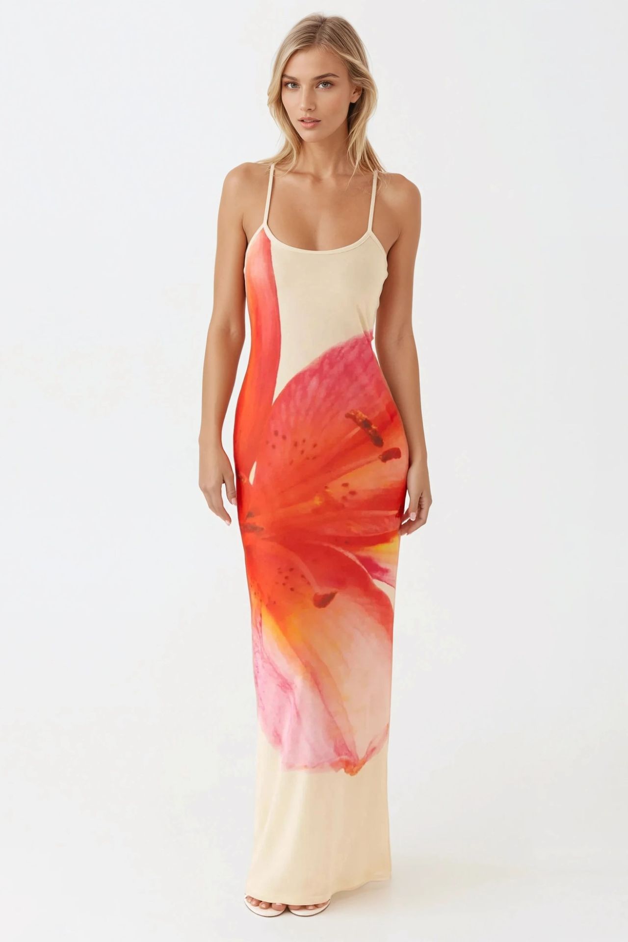 Square Collar Bodycon Maxi Dress with Floral Print