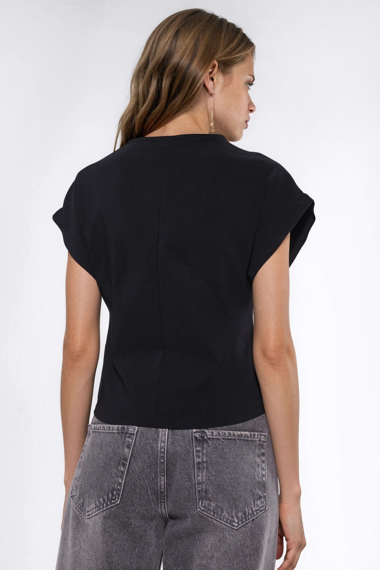 Solid V-Neck Short Sleeve Blouse with Button Closure 3