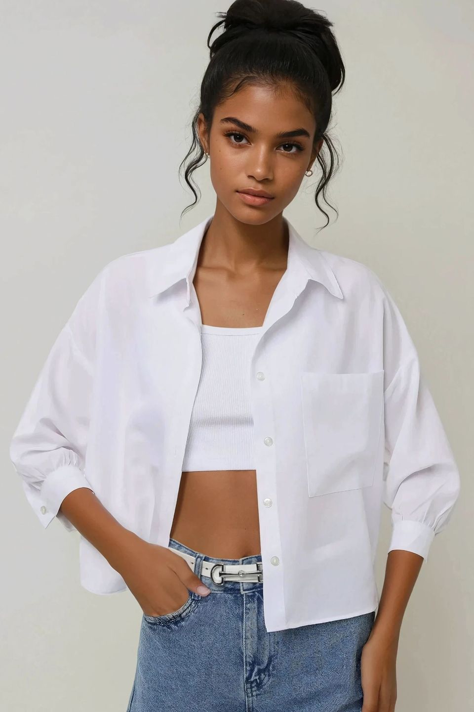 Linen Blend Long Sleeve Crop Shirt