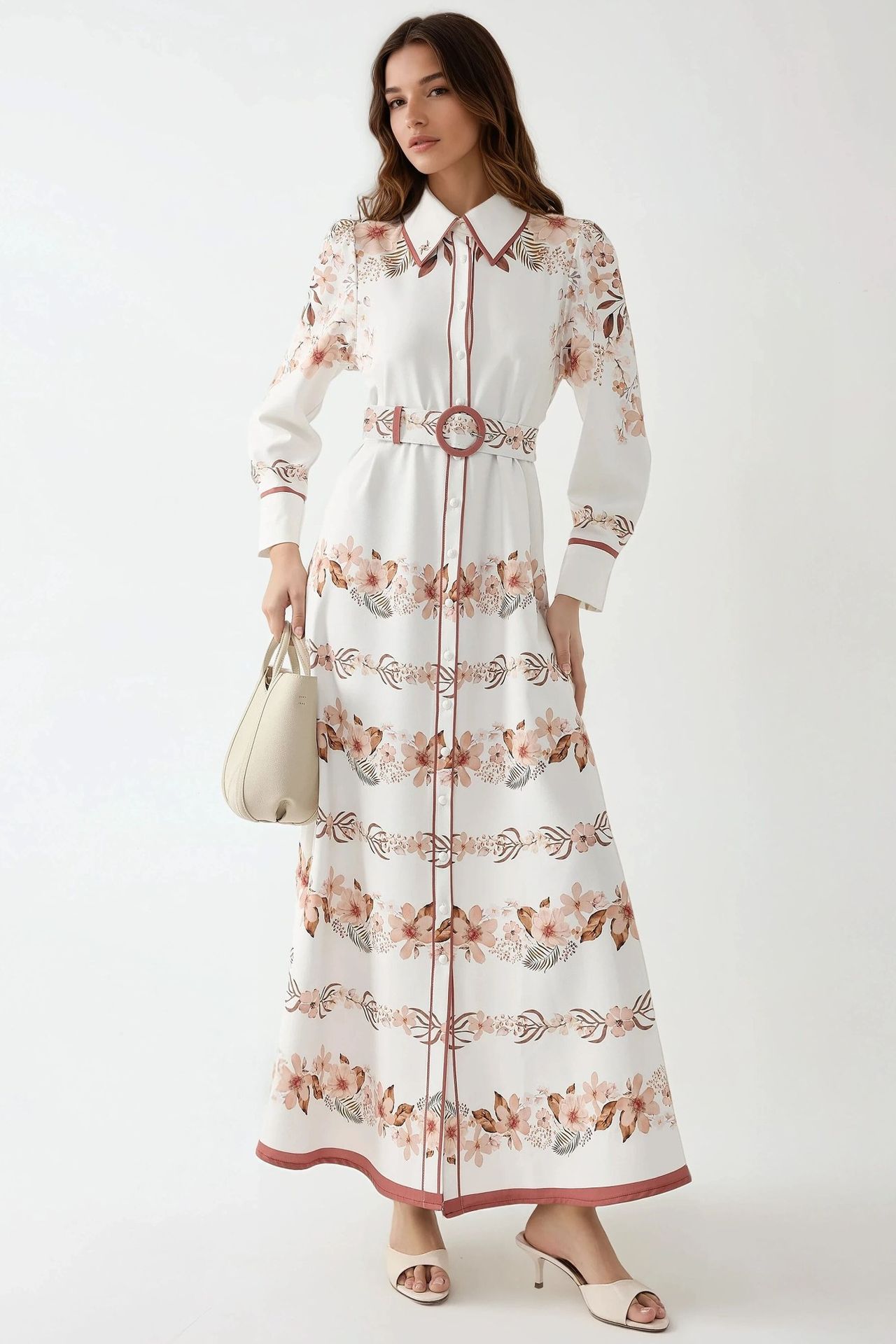 Printed Long Sleeve Maxi Dress with Belt