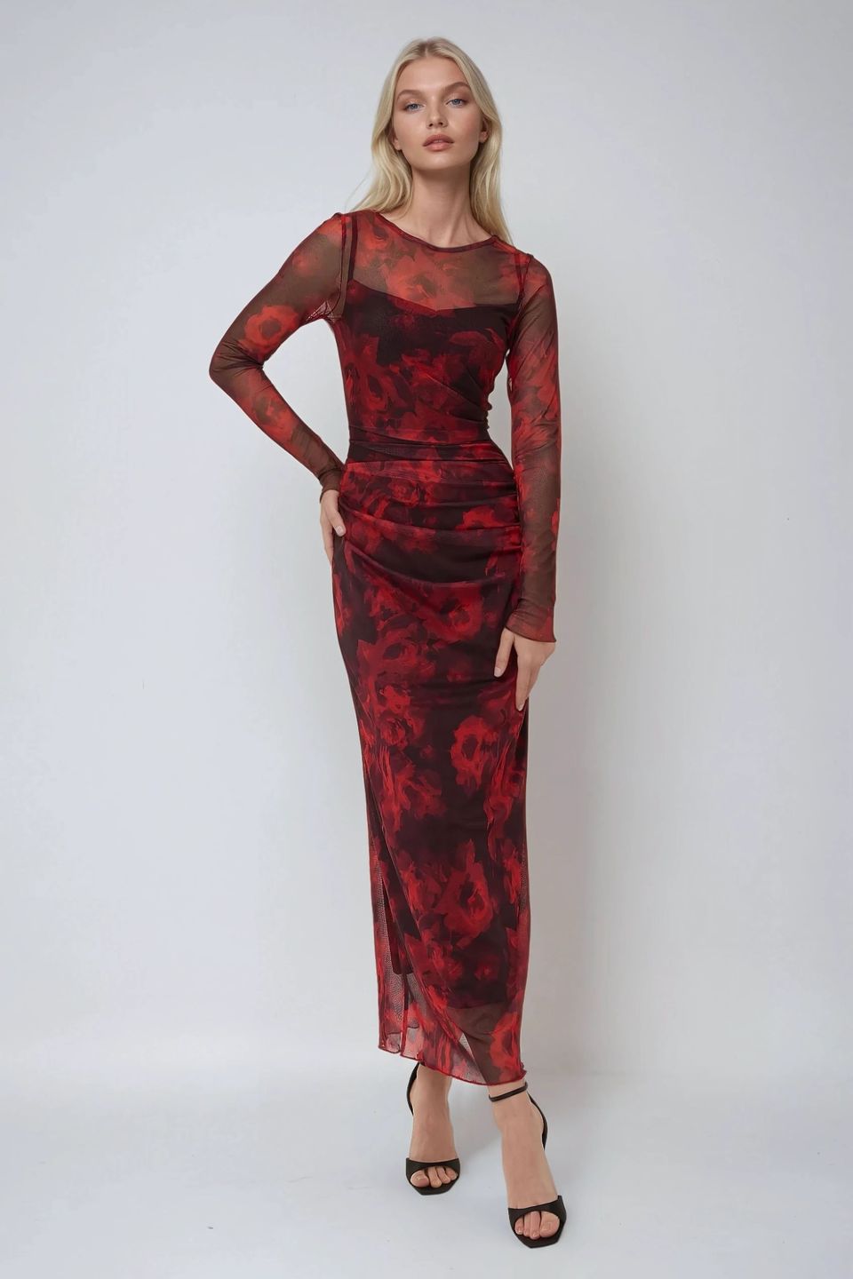 Floral Print Bodycon Maxi Mesh Dress
