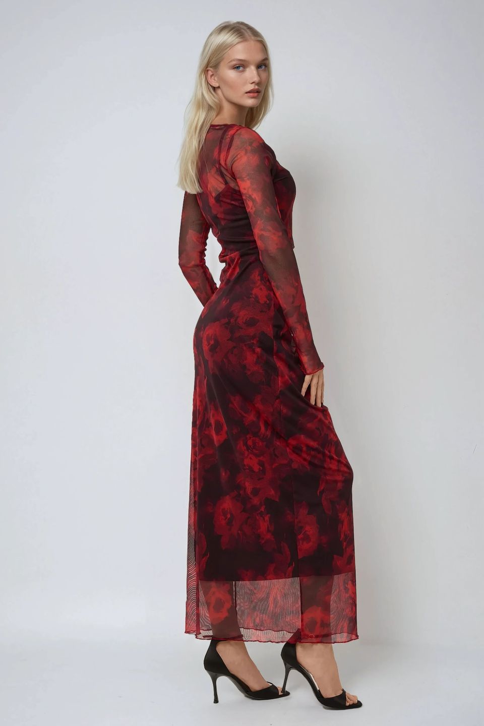 Floral Print Bodycon Maxi Mesh Dress
