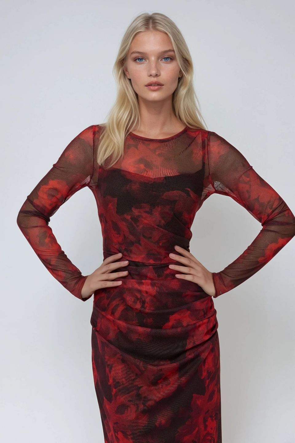 Floral Print Bodycon Maxi Mesh Dress