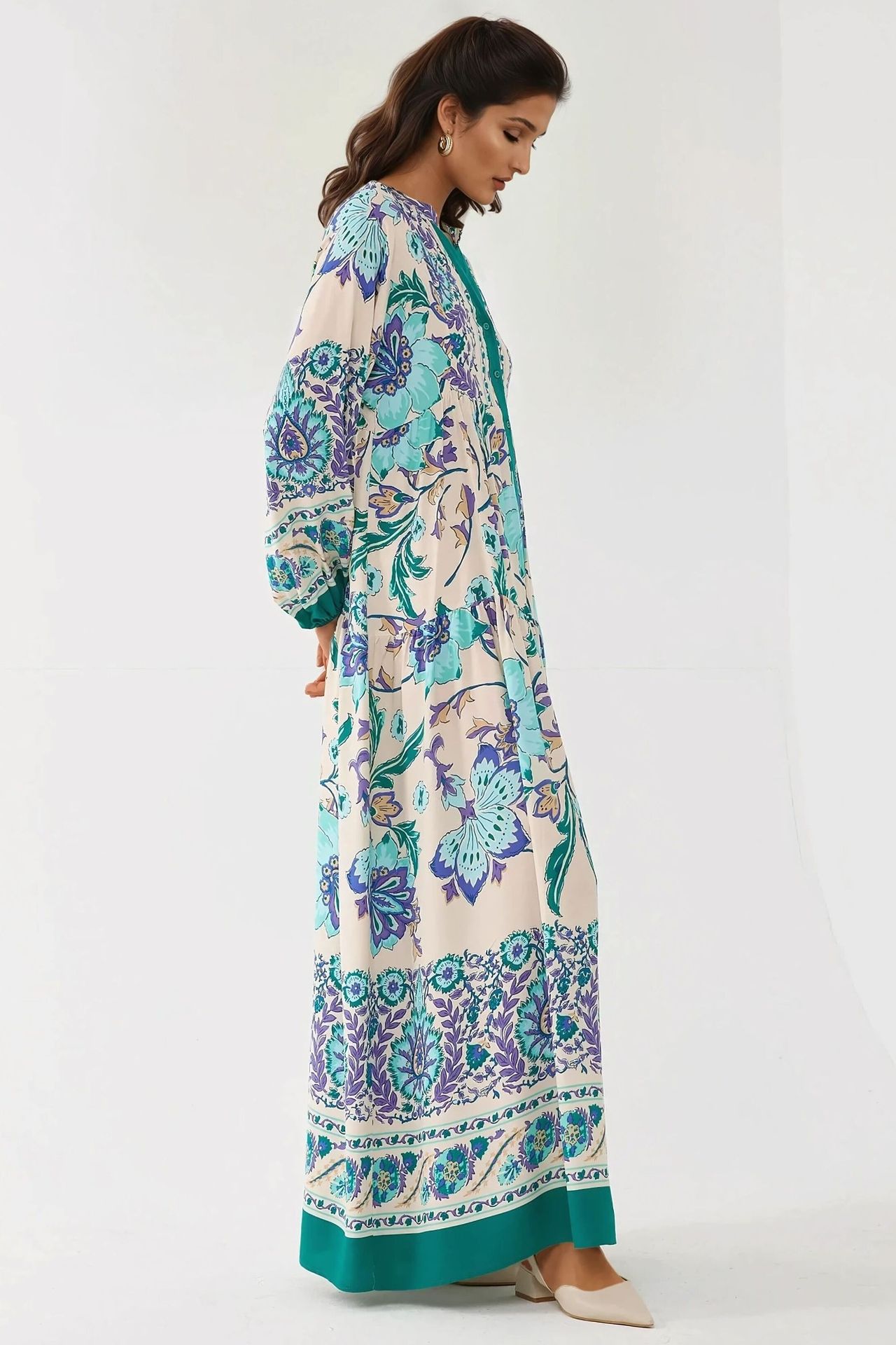 Printed Long Sleeve Viscose Maxi Dress 