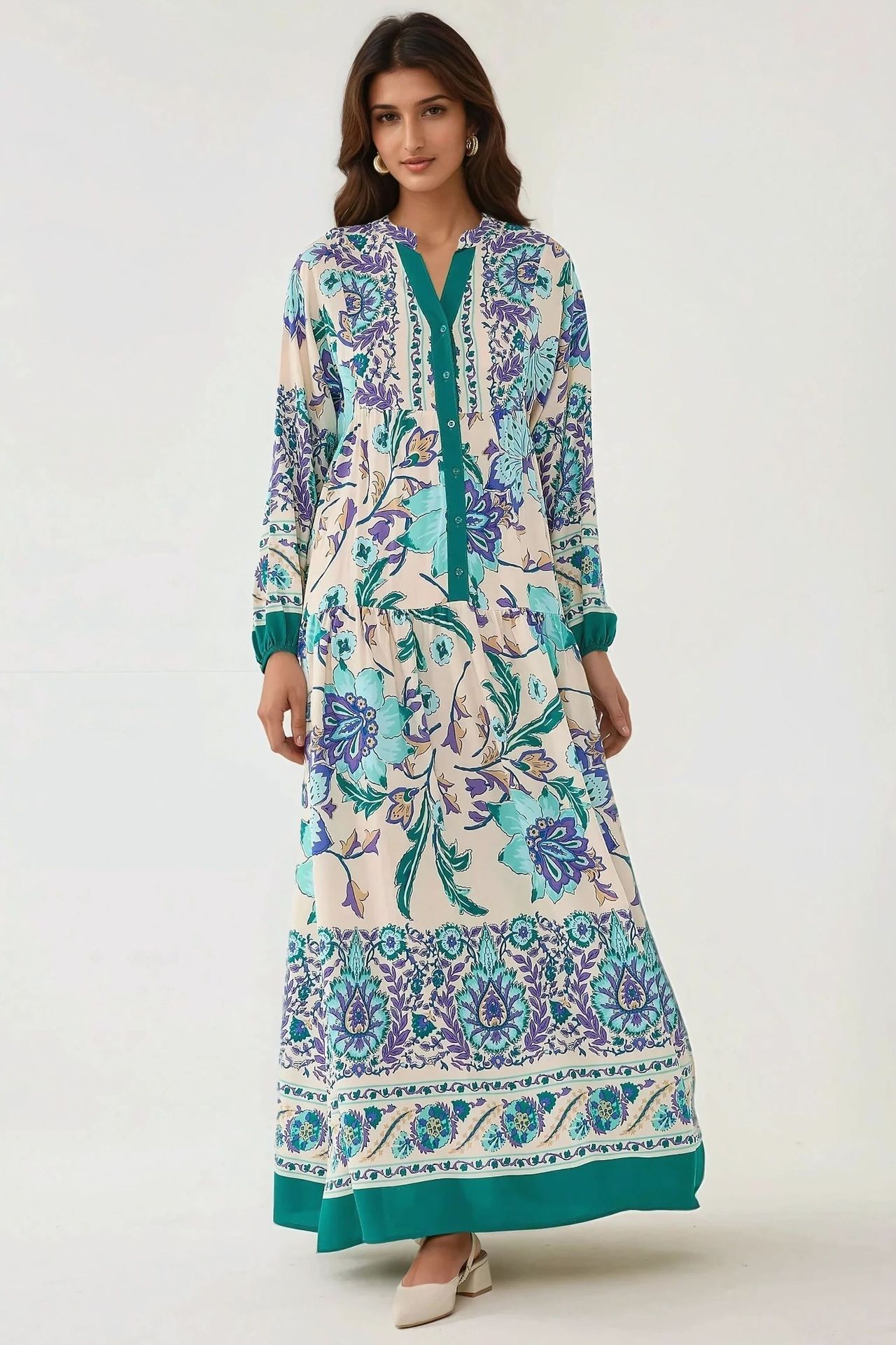 Printed Long Sleeve Viscose Maxi Dress 