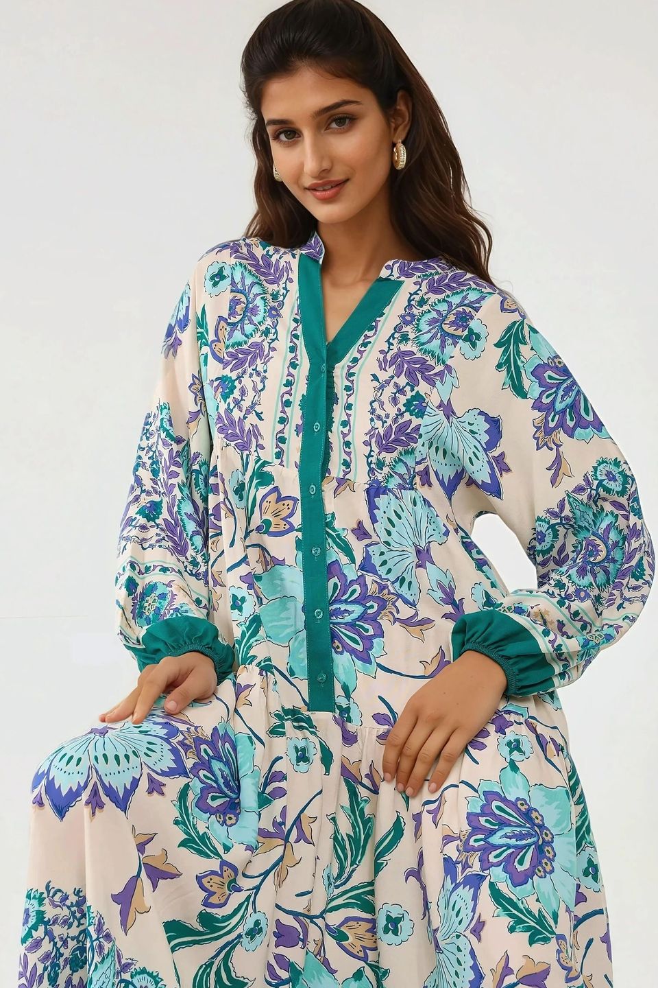 Printed Long Sleeve Viscose Maxi Dress 