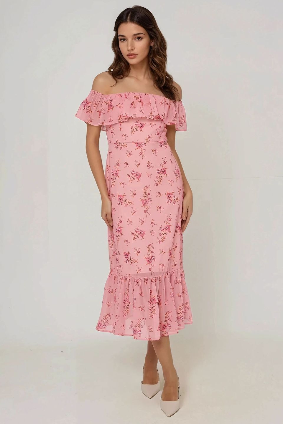 Off Shoulder Flower Pattern Bodycon Midi Dress 