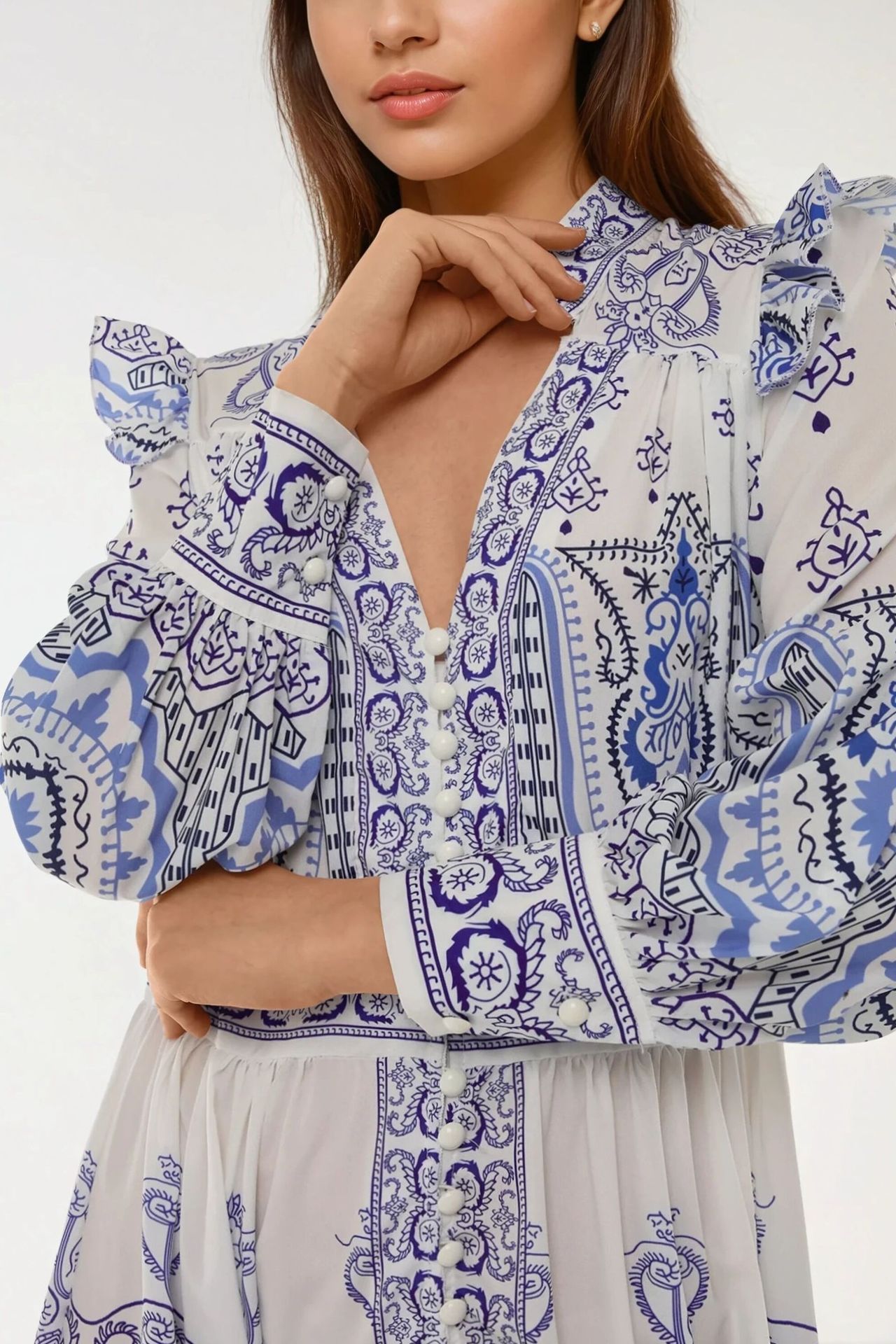 Printed V-Neck Maxi Dress with Ruffle Detail