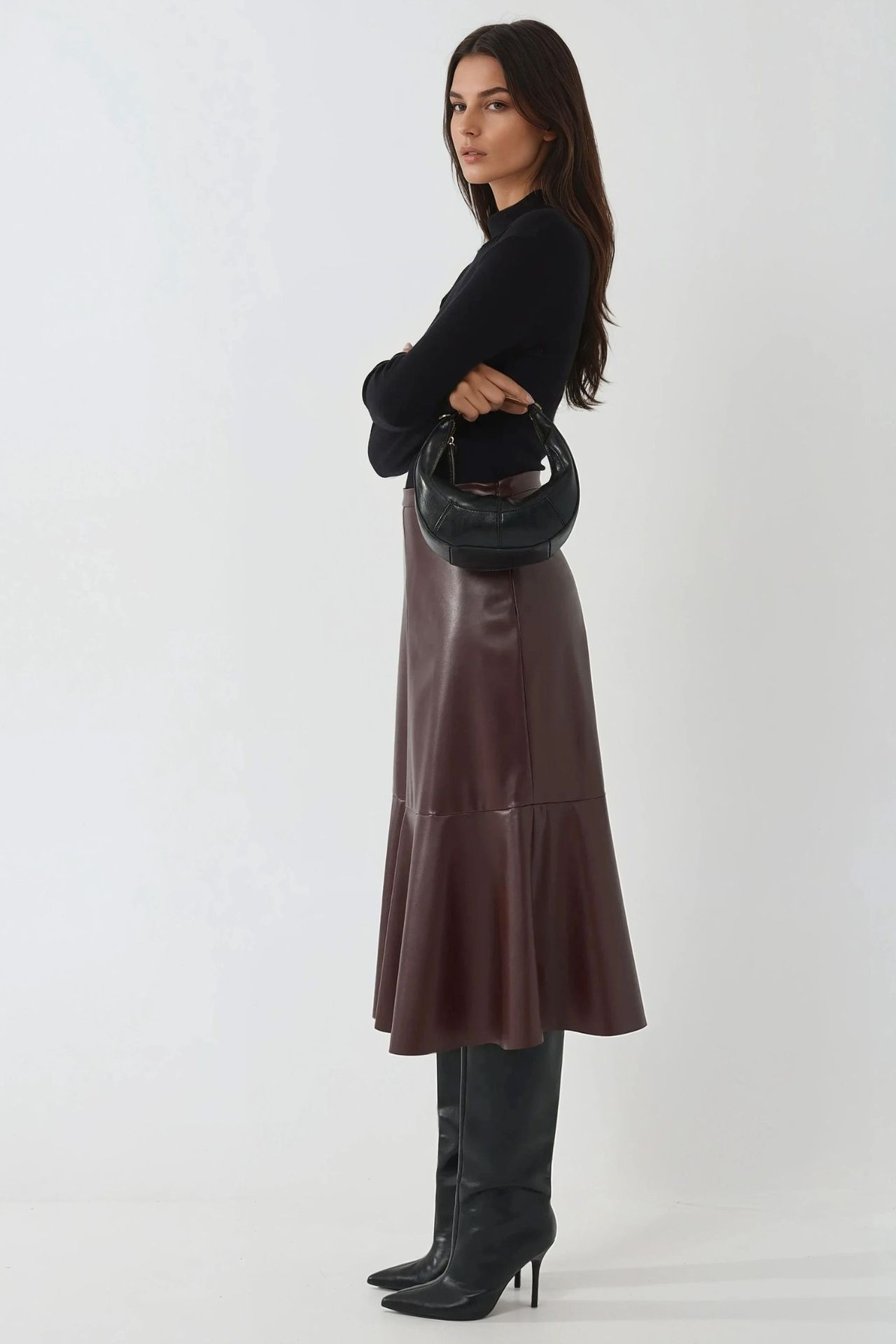 High Waist Faux Leather Midi Skirt