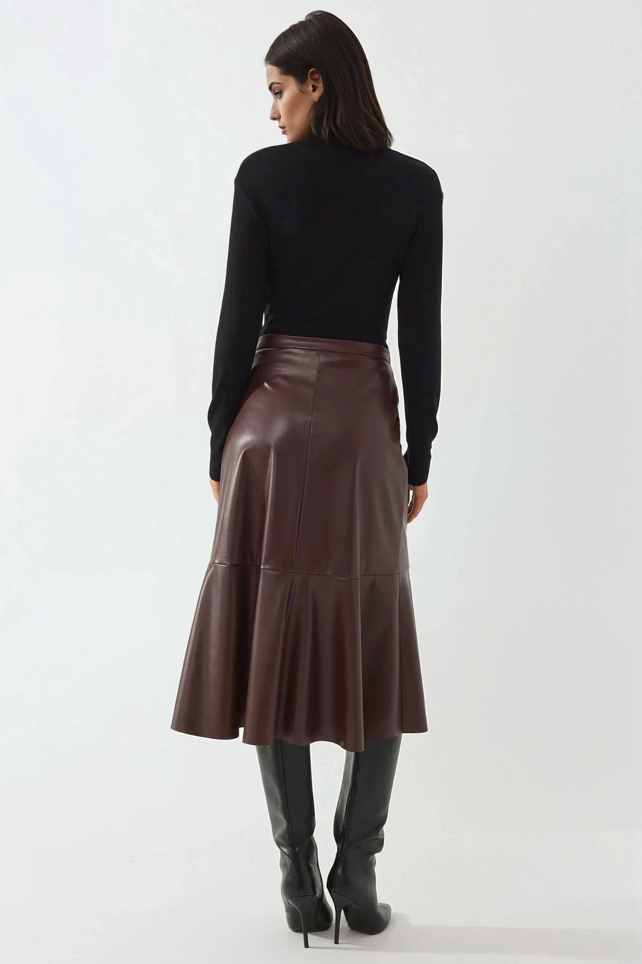 High Waist Faux Leather Midi Skirt