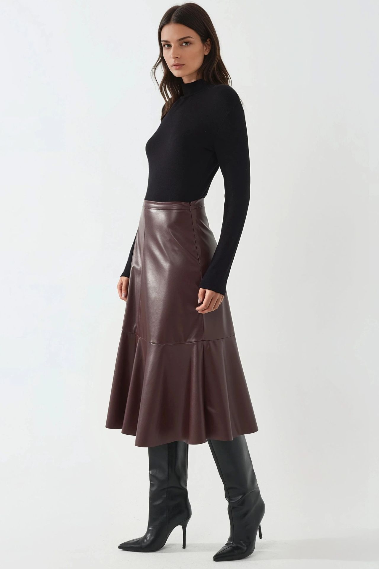 High Waist Faux Leather Midi Skirt