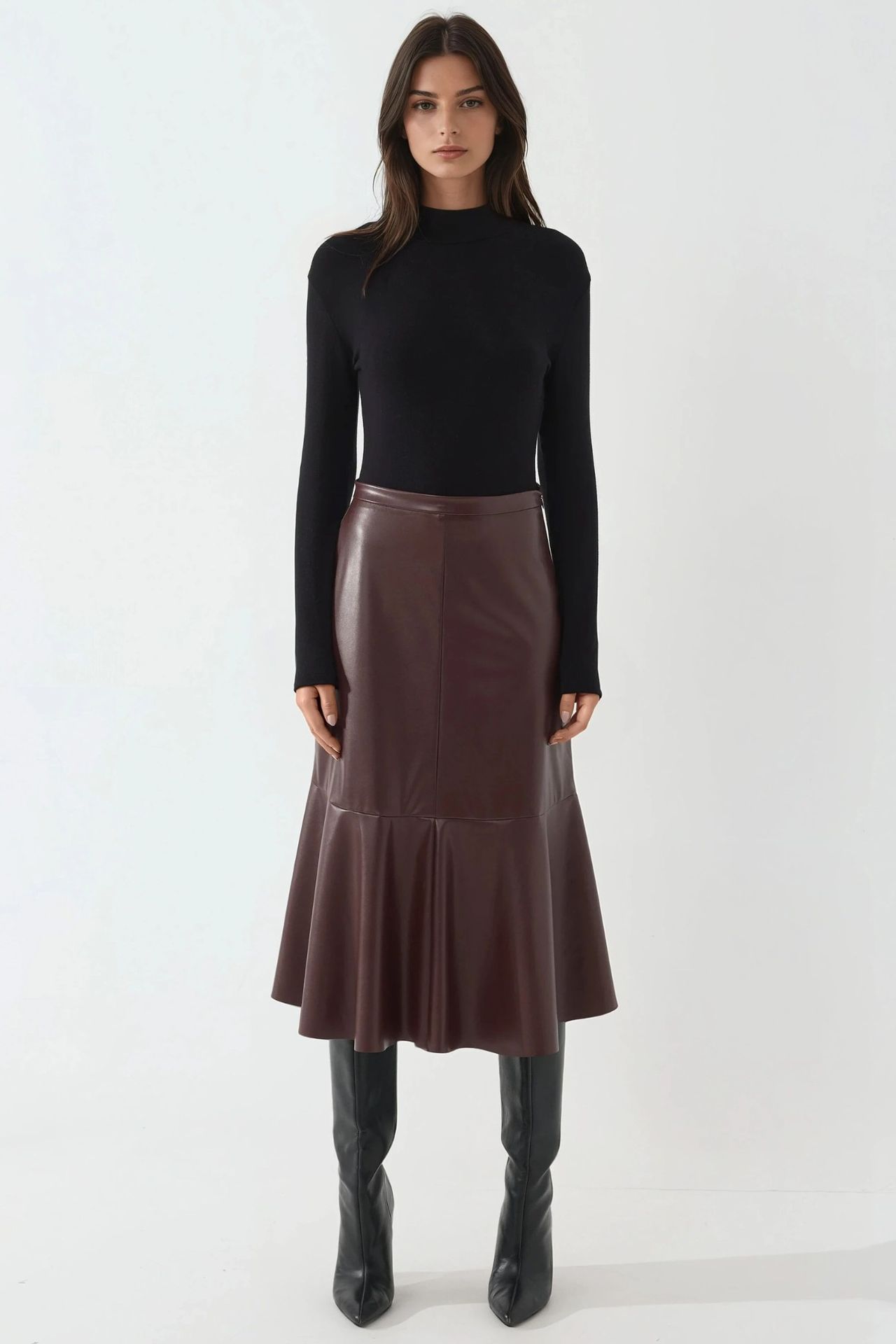 High Waist Faux Leather Midi Skirt