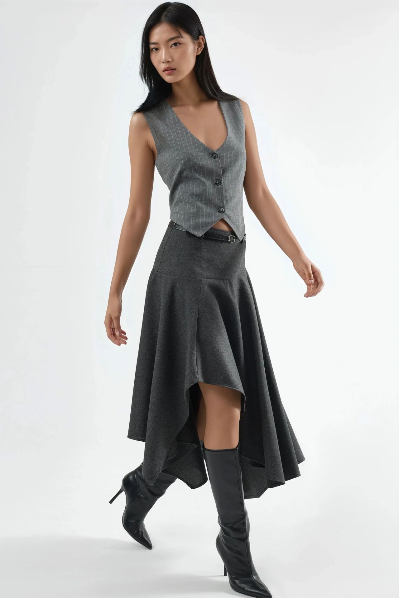 Belted High Waist Asymmetric Midi Skirt 3