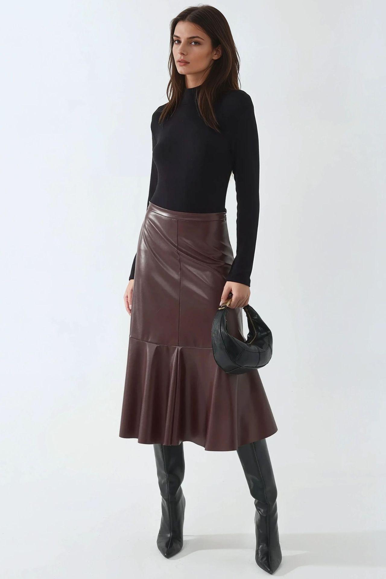 High Waist Faux Leather Midi Skirt