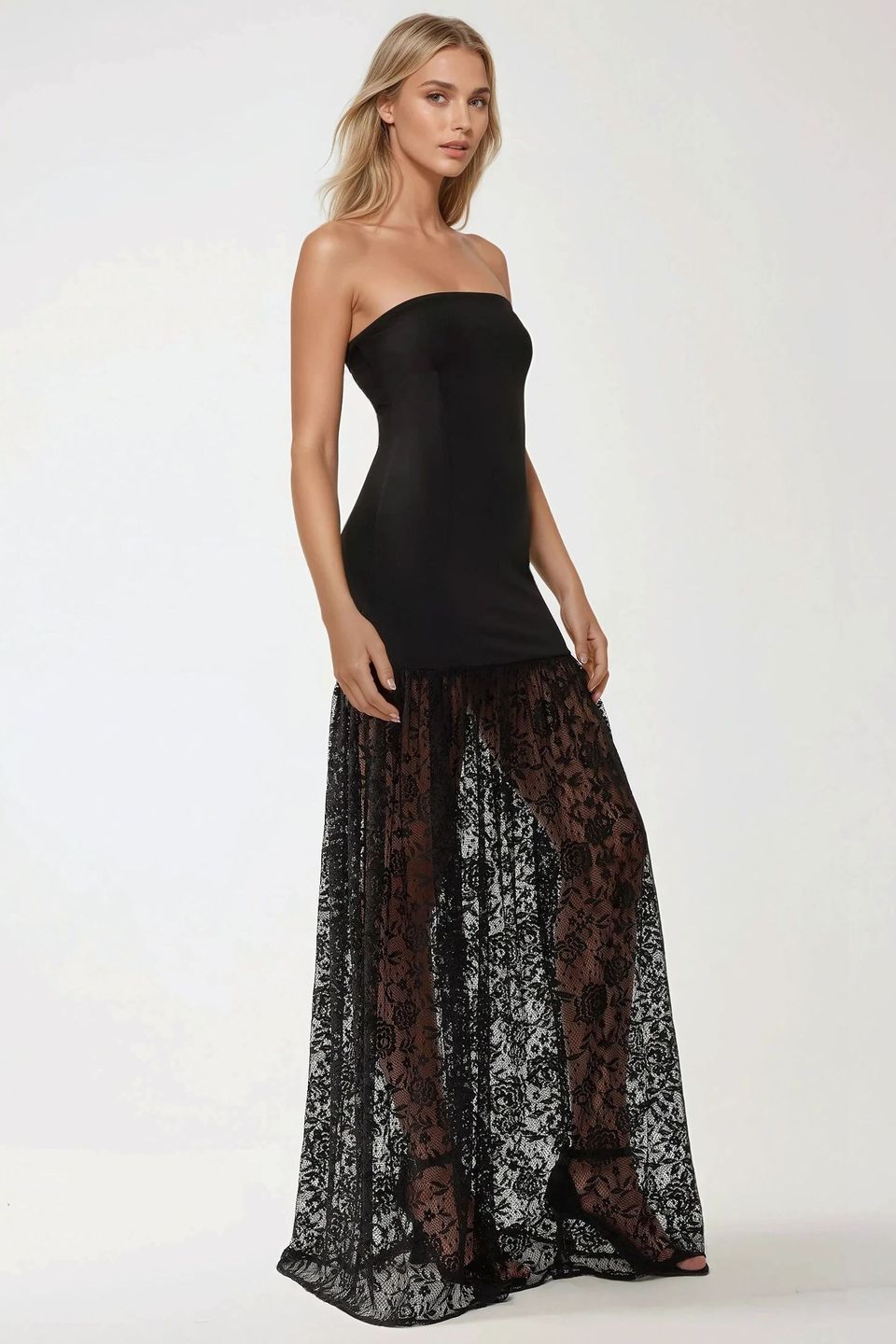 Strapless Maxi Bodycon Dress with Lace Details