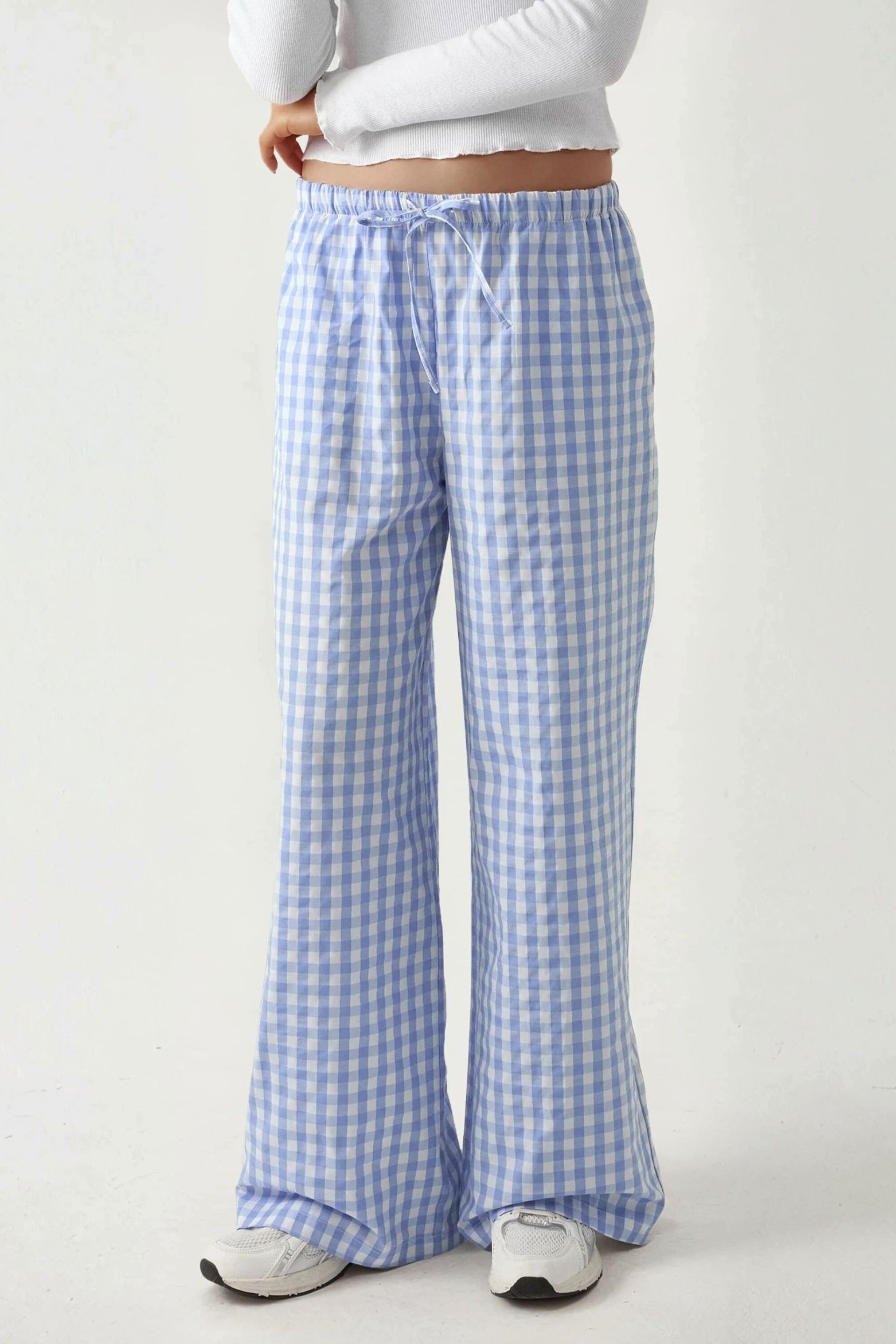 Blue Wide Leg Plaid Checkered Pants Women