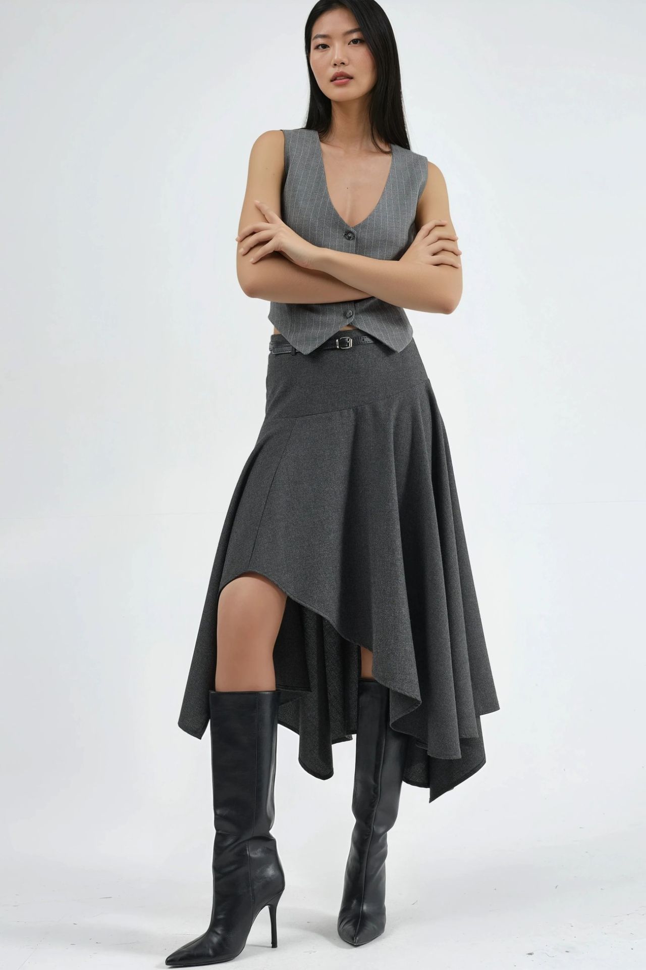 Belted High Waist Asymmetric Midi Skirt 6