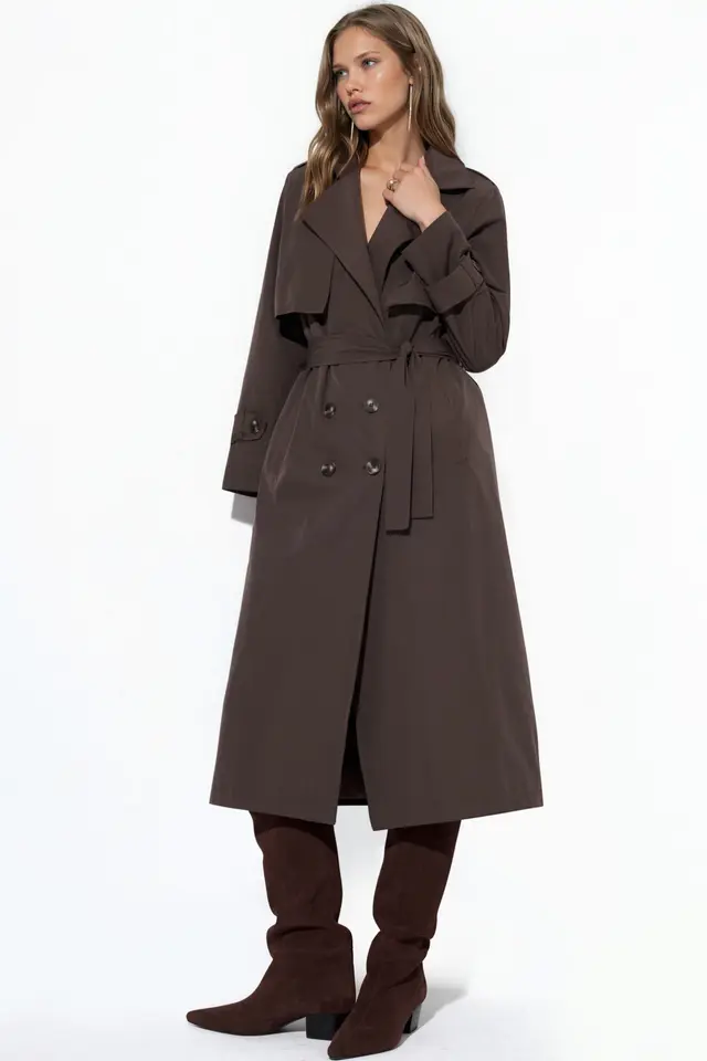 Double-Breasted Belted Long Trench Coat