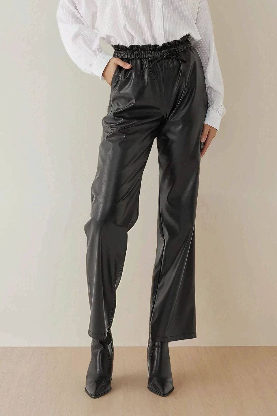 Faux Leather Elastic Waist Straight Leg Pants