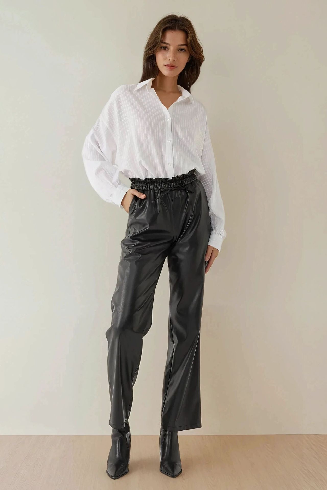 Faux Leather Elastic Waist Straight Leg Pants