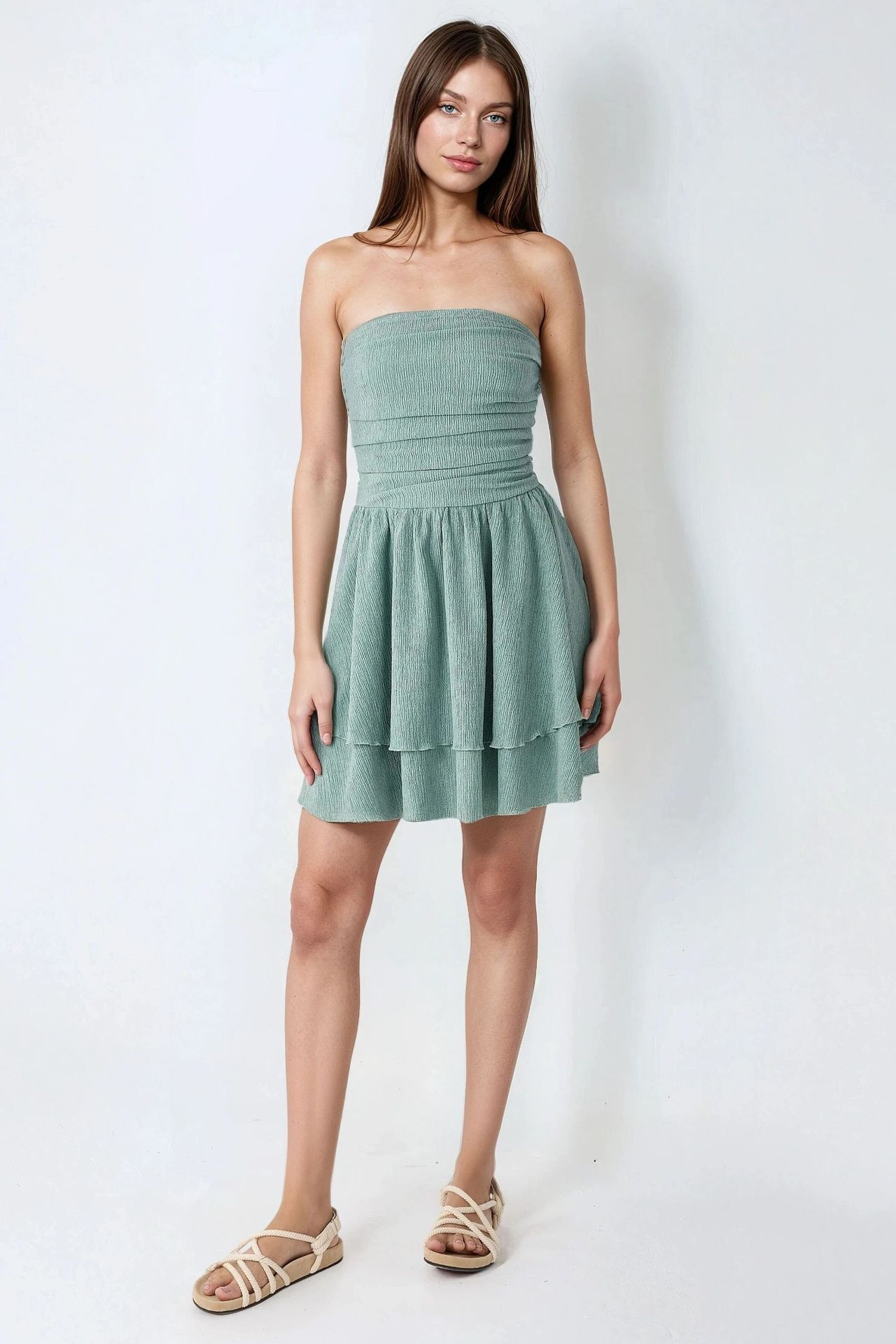 Strapless Textured Ruffle Mini Dress